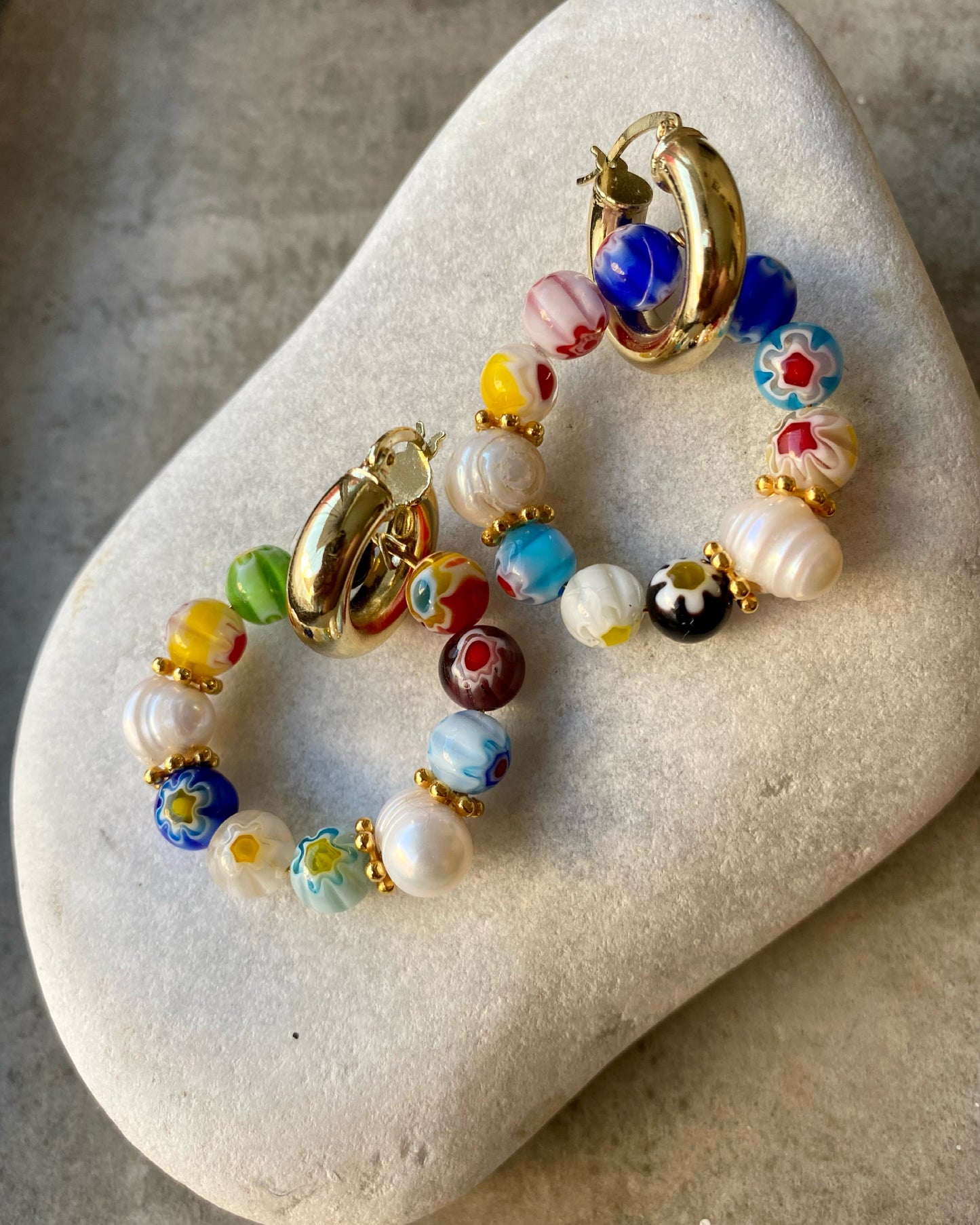 MILLEFIORI brass hoop earrings with millefiori glass beads and freshwater pearls