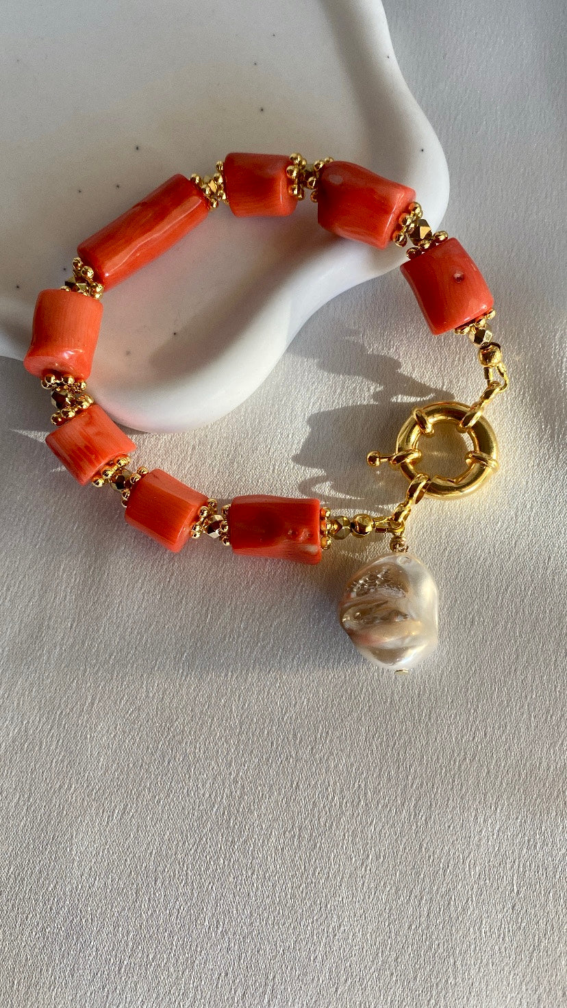 INES coral bracelet with a Mother of Pearl charm