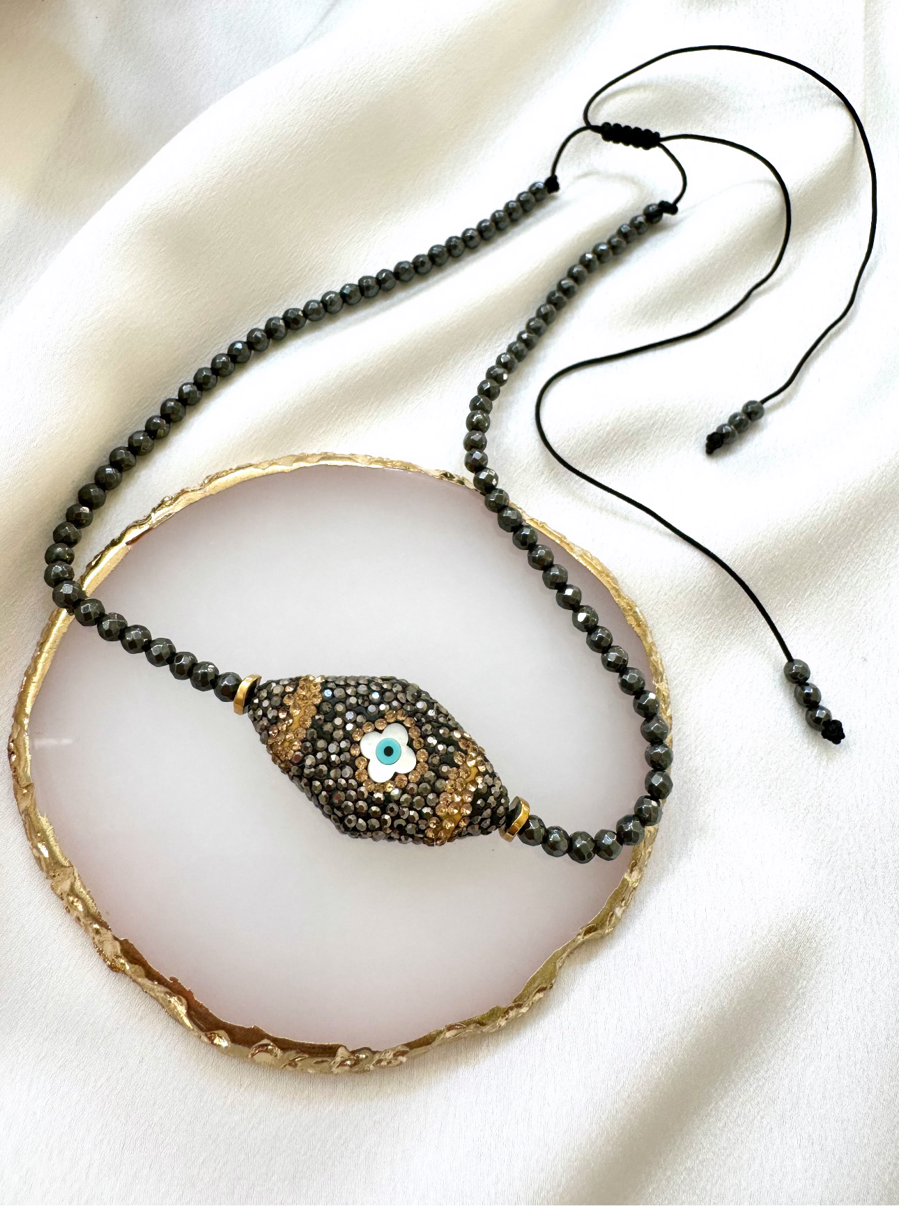 EVIL EYE Glam black hematite necklace with marcasite and Mother of Pearl