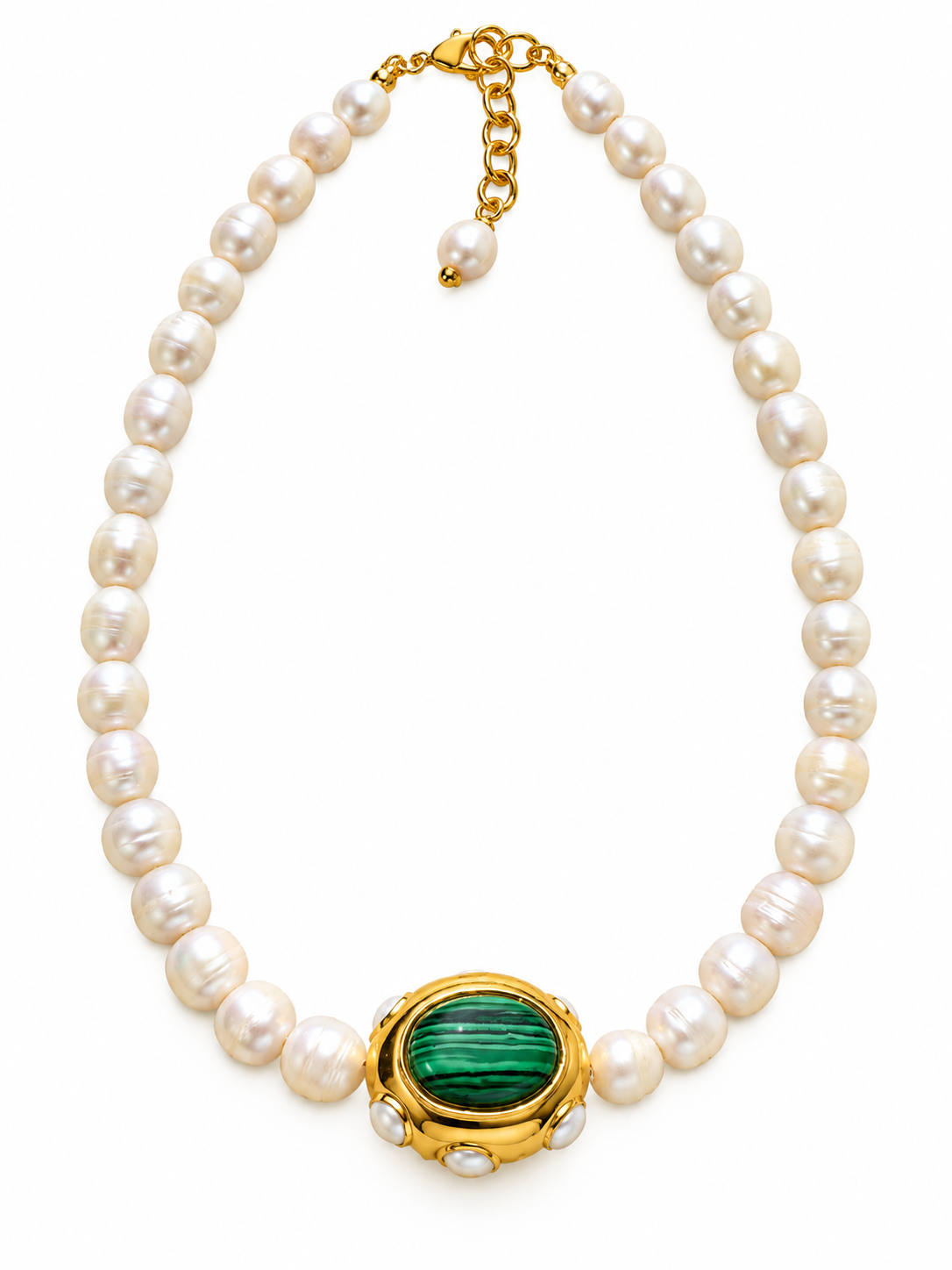 AIGLI freshwater pearl and green malachite necklace, shown on a plain white background.