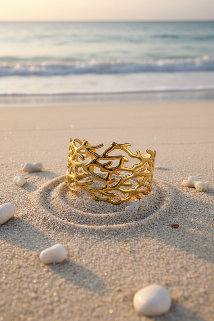 Gold coral bracelet on sand with ocean in the background