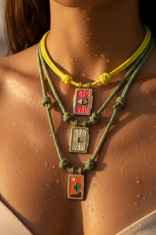 Close-up of a person's neck and upper chest wearing three layered cord necklaces with rectangular charms. The necklaces are yellow and sage green, with charms featuring a pink sunburst, a beige sunburst, and an orange cactus design.
