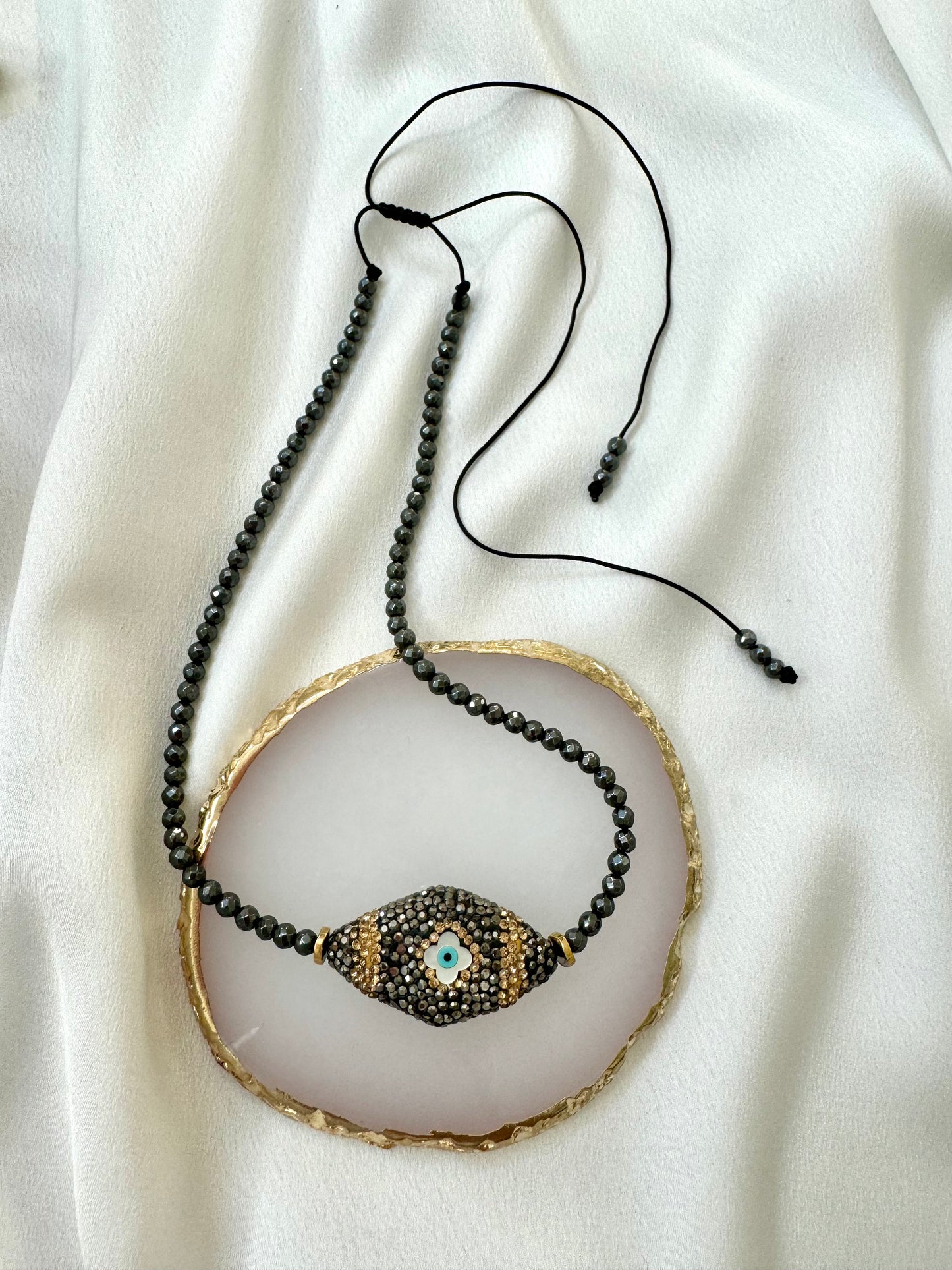 EVIL EYE Glam black hematite necklace with marcasite and Mother of Pearl