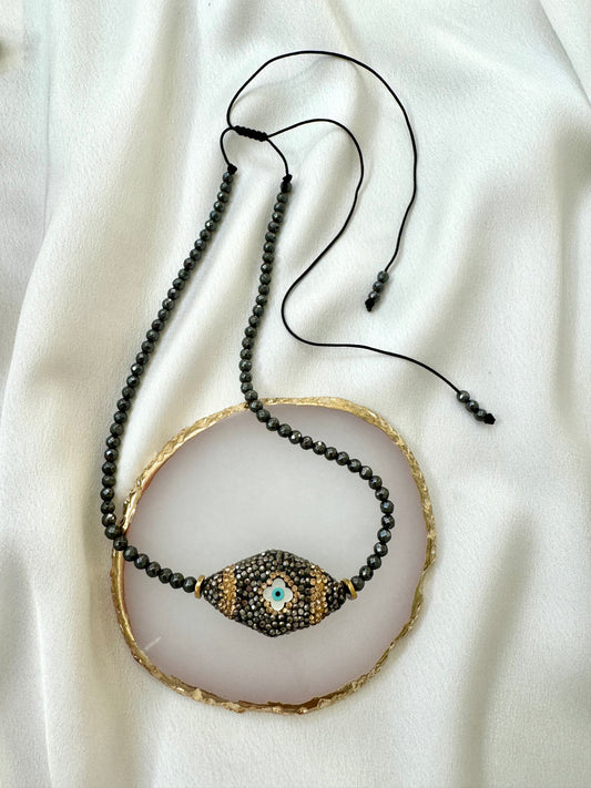 EVIL EYE Glam black hematite necklace with marcasite and Mother of Pearl