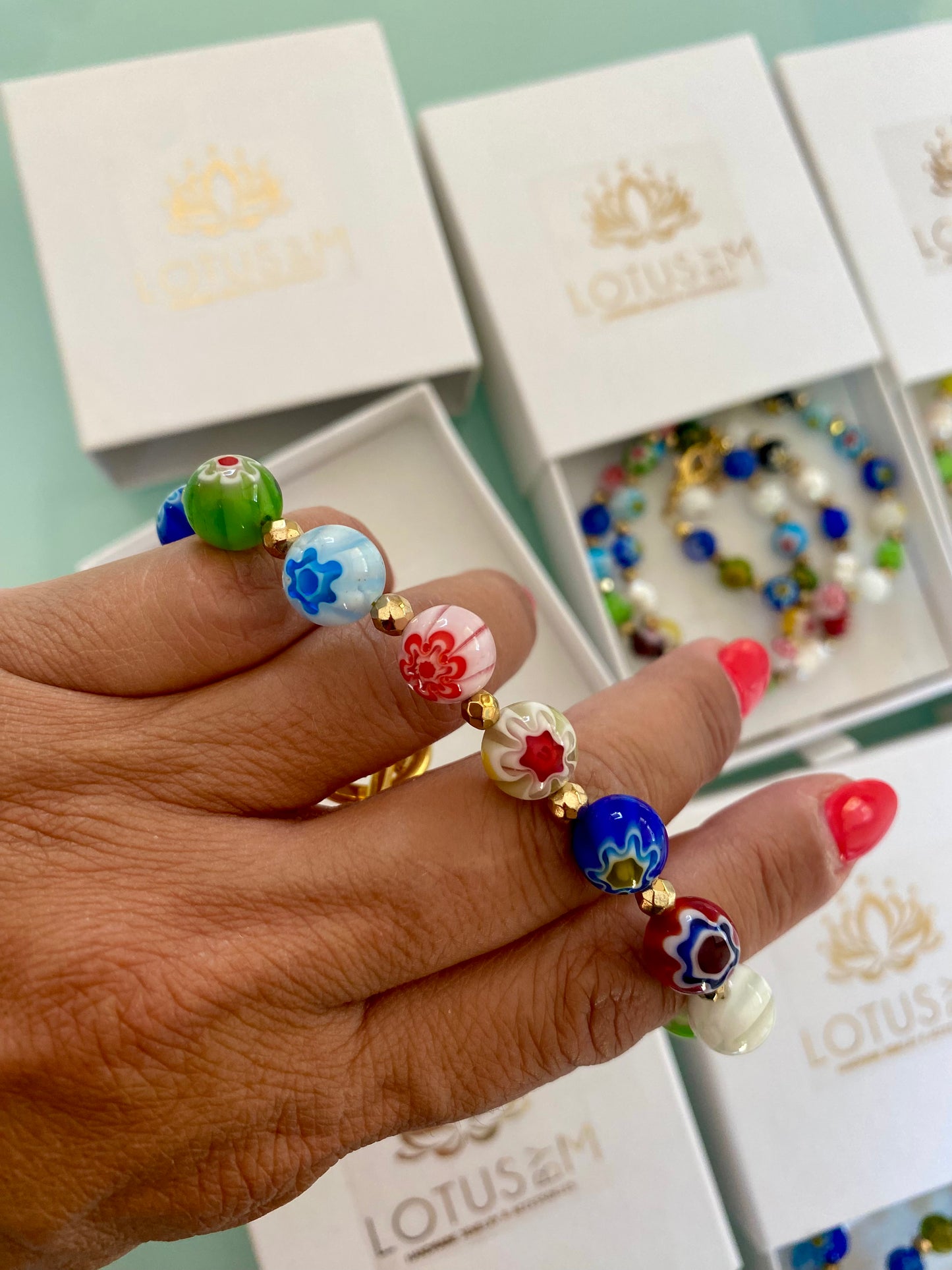 MILLEFIORI Pearl bracelet with millefiori glass beads