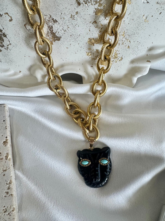 Black Onyx PANTHER stainless steel chain necklace