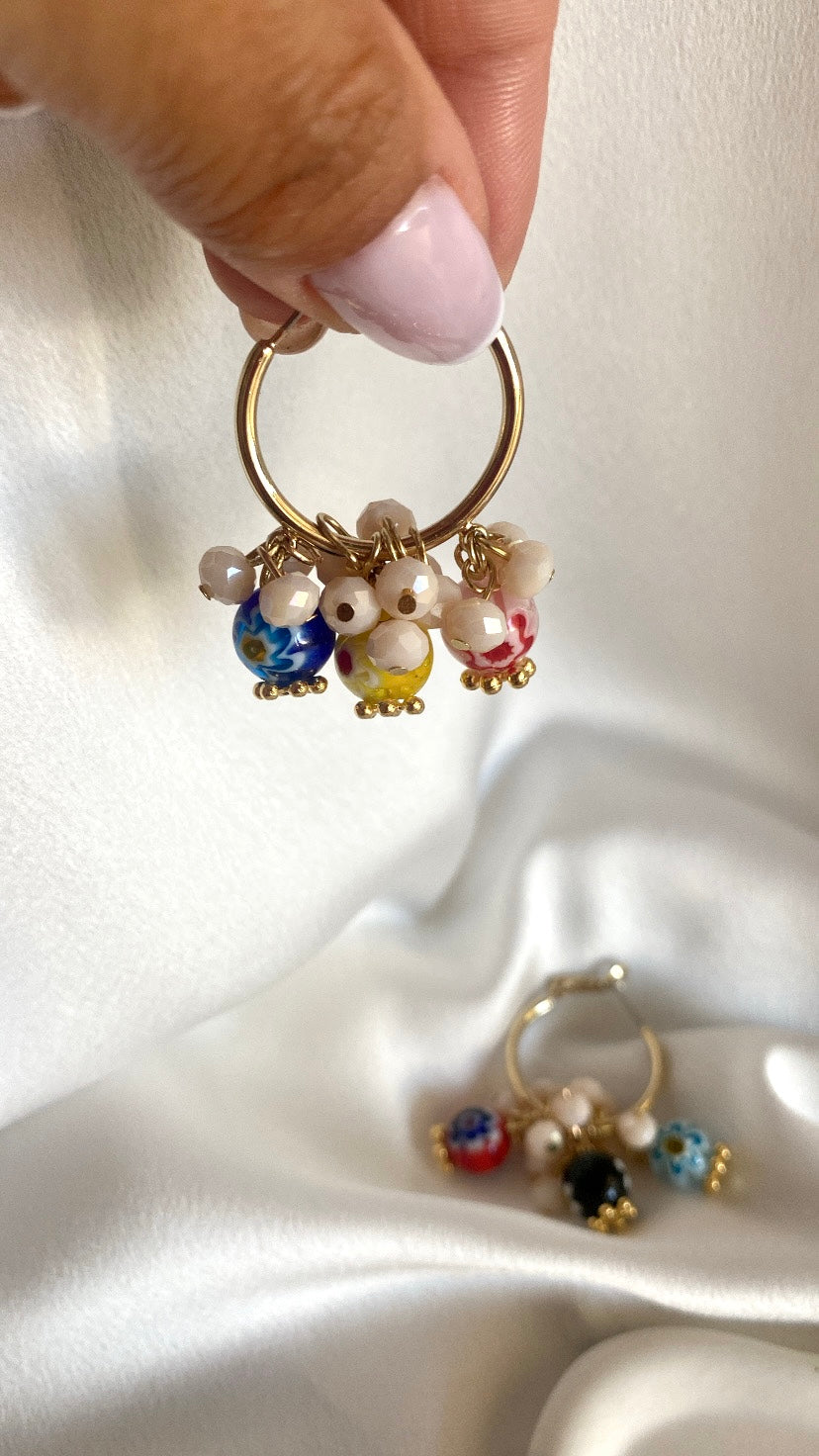 MILLEFIORI DANCE brass hoop earrings with millefiori glass beads and freshwater pearls