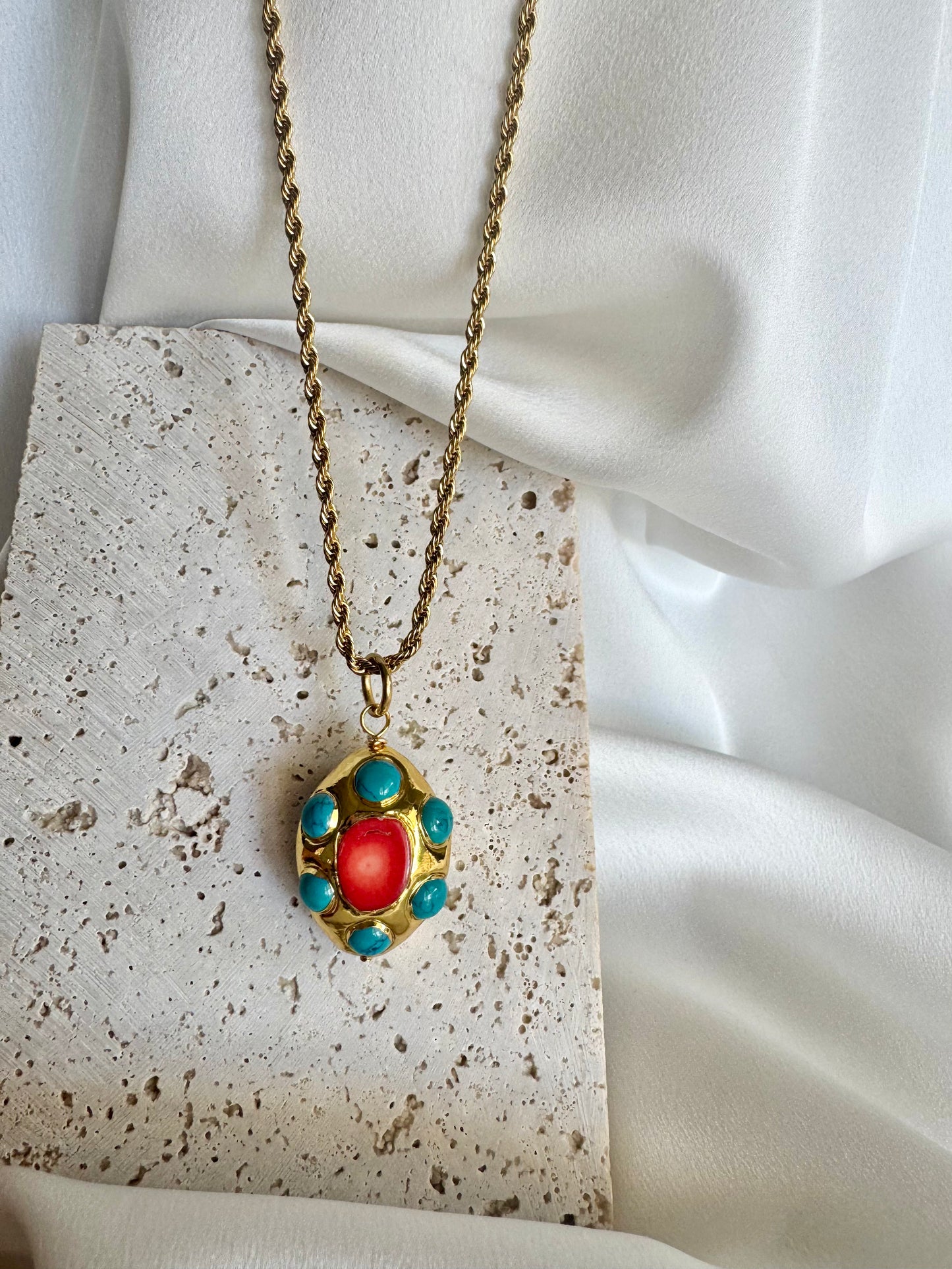 Coral charm stainless steel long necklace