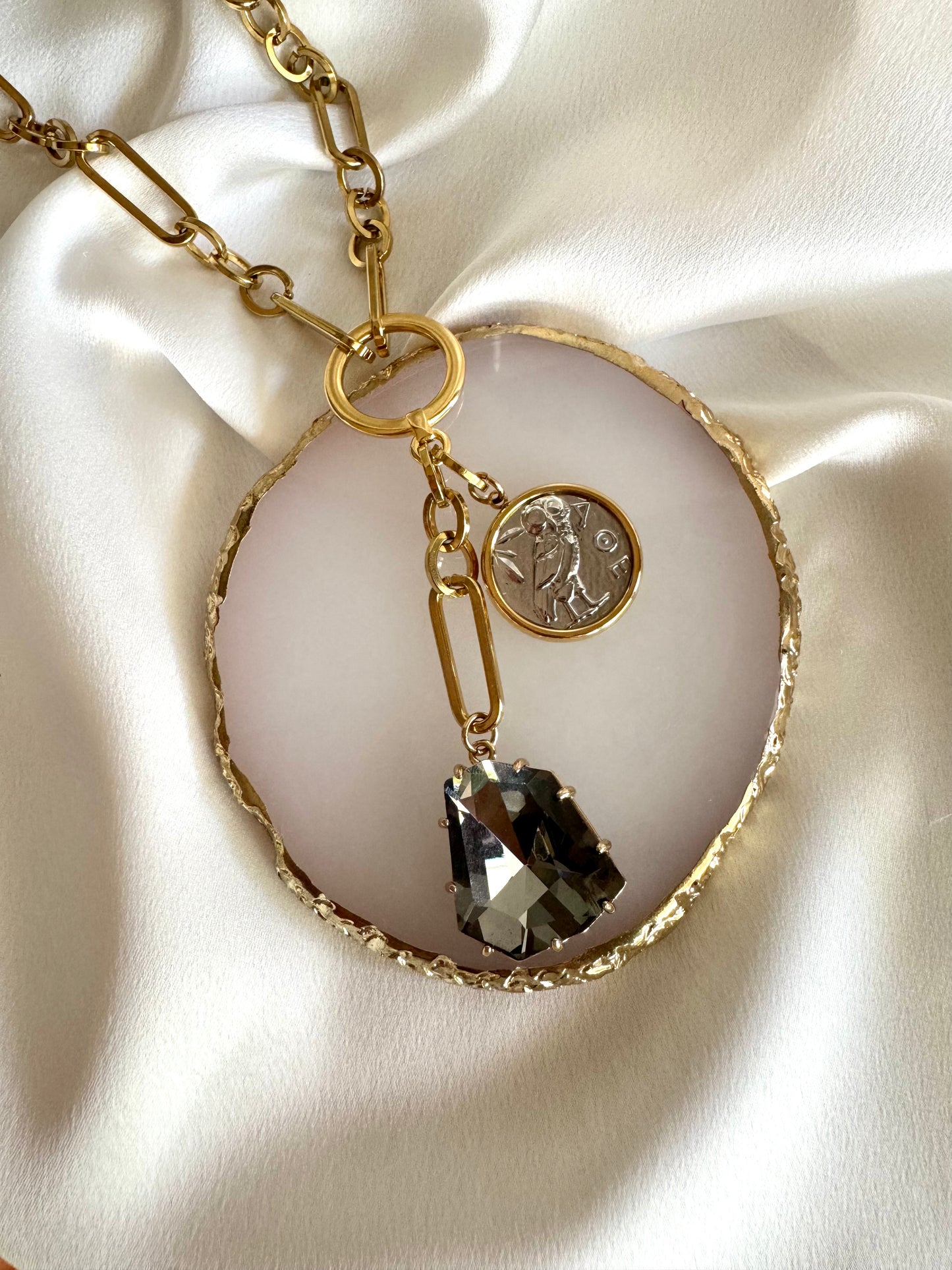 ATHENA stainless steel chain necklace with crystal and Greek goddess Athena charm