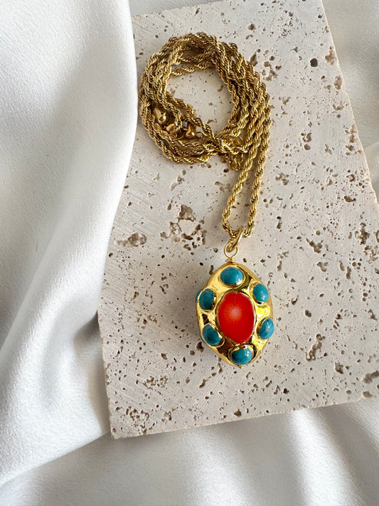 Coral charm stainless steel long necklace