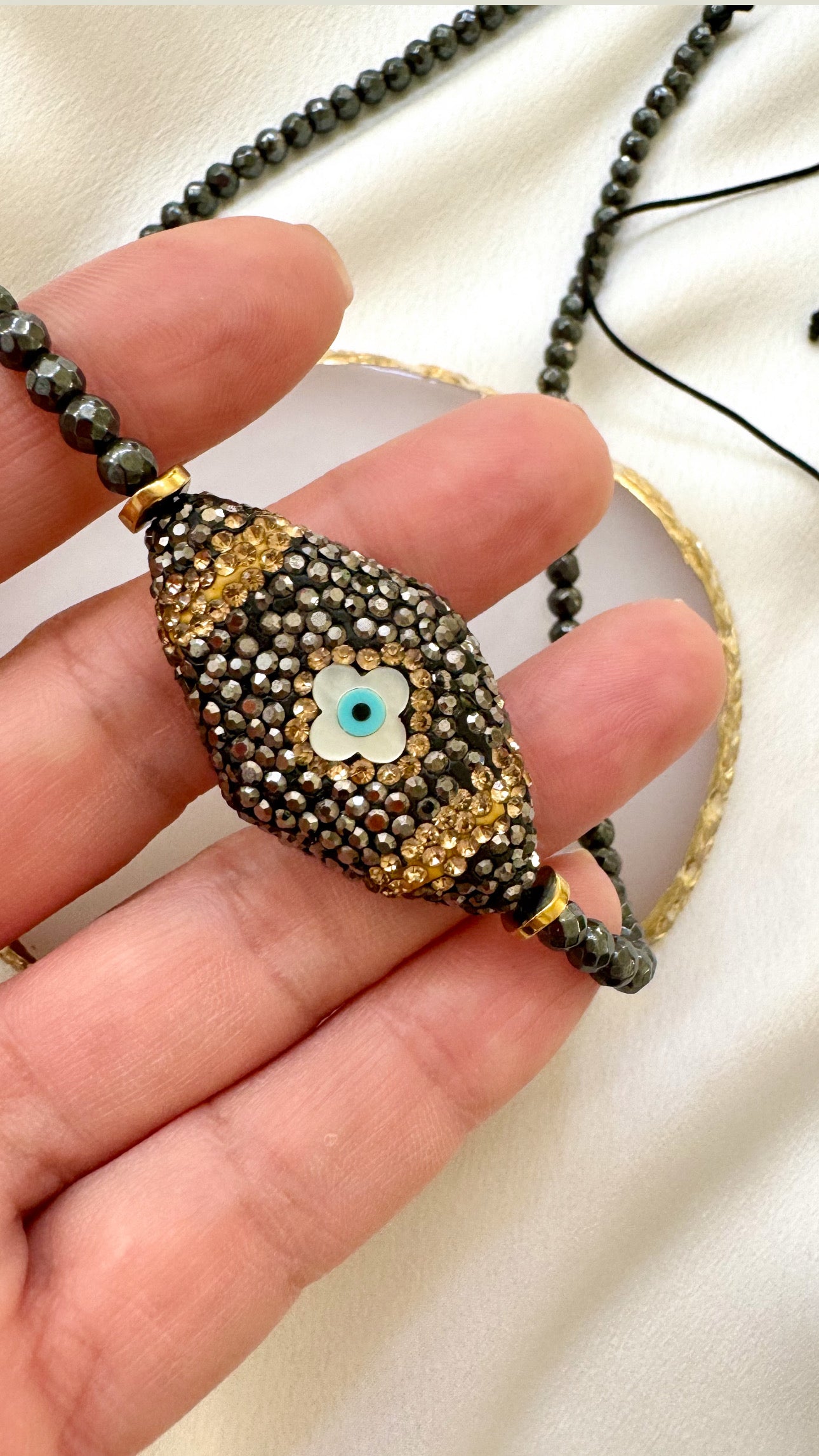 EVIL EYE Glam black hematite necklace with marcasite and Mother of Pearl