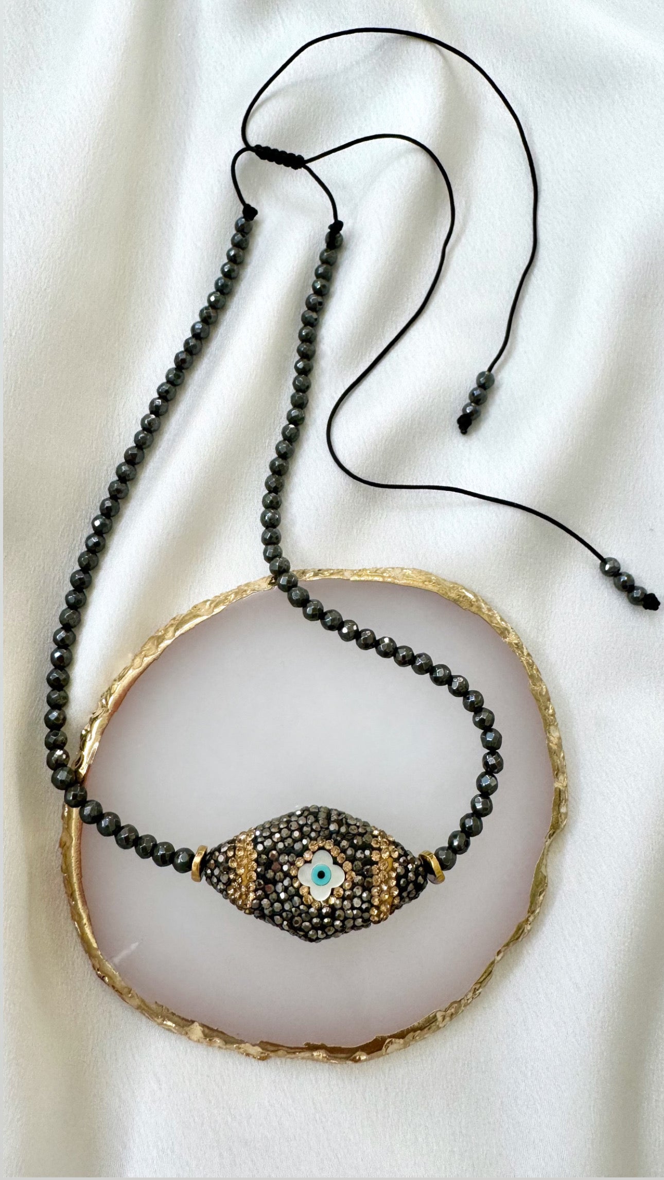EVIL EYE Glam black hematite necklace with marcasite and Mother of Pearl