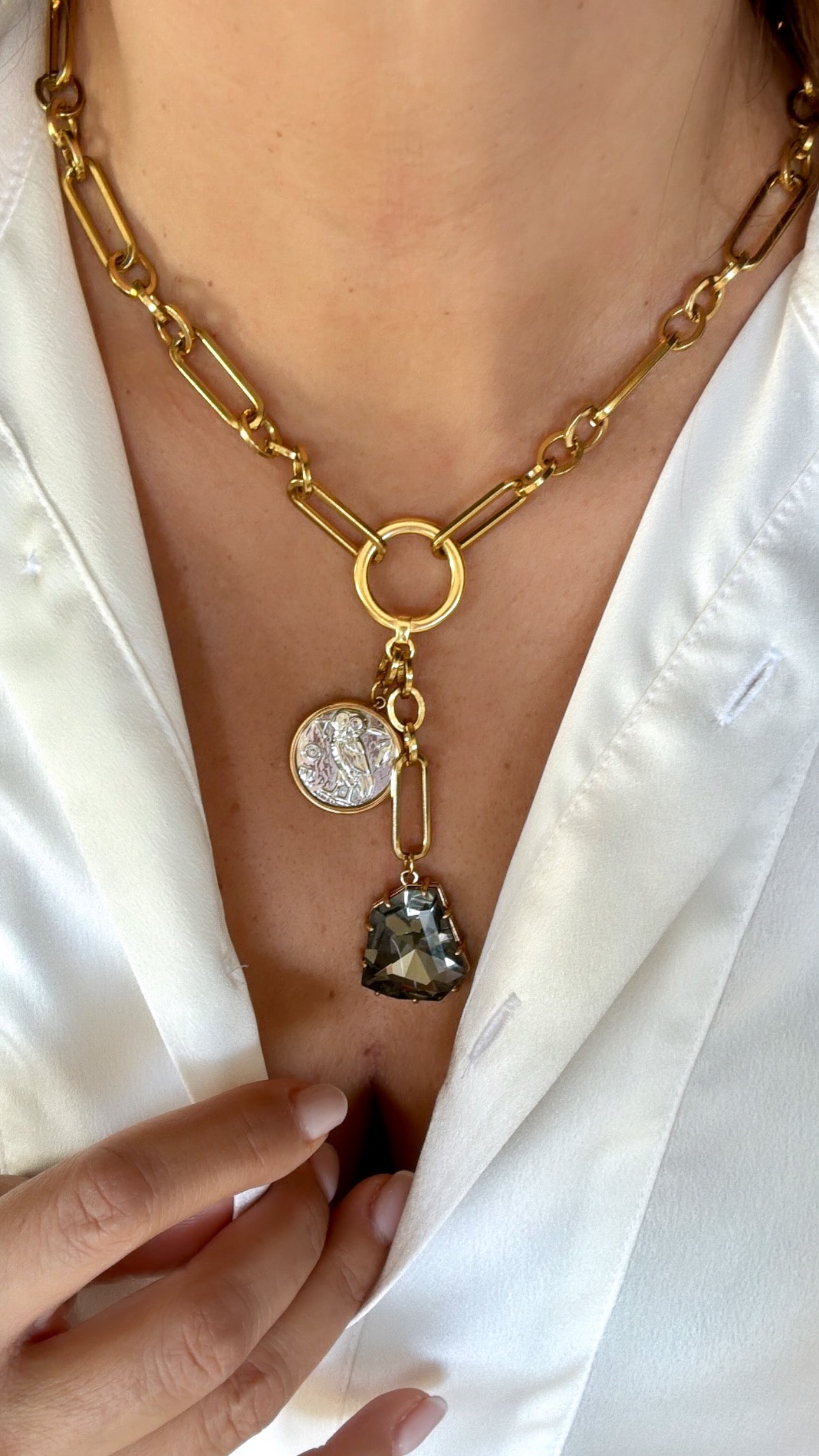 ATHENA stainless steel chain necklace with crystal and Greek goddess Athena charm