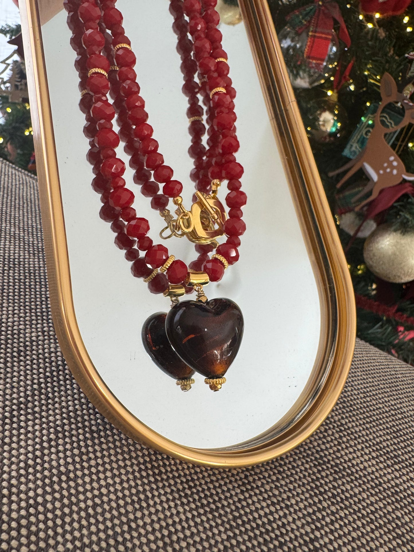 BURGUNDY crystal long necklace with a Murano glass heart