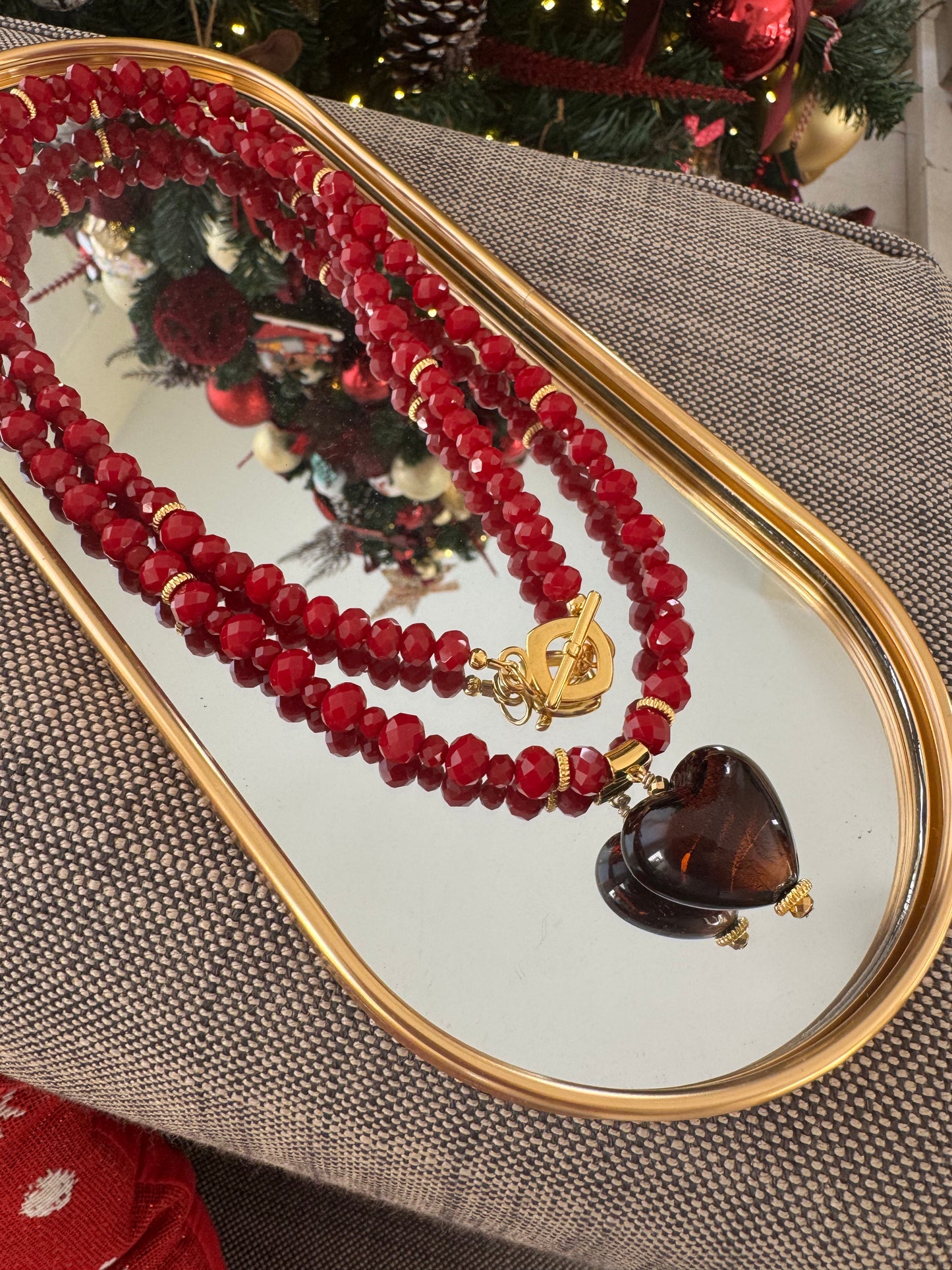 BURGUNDY crystal long necklace with a Murano glass heart