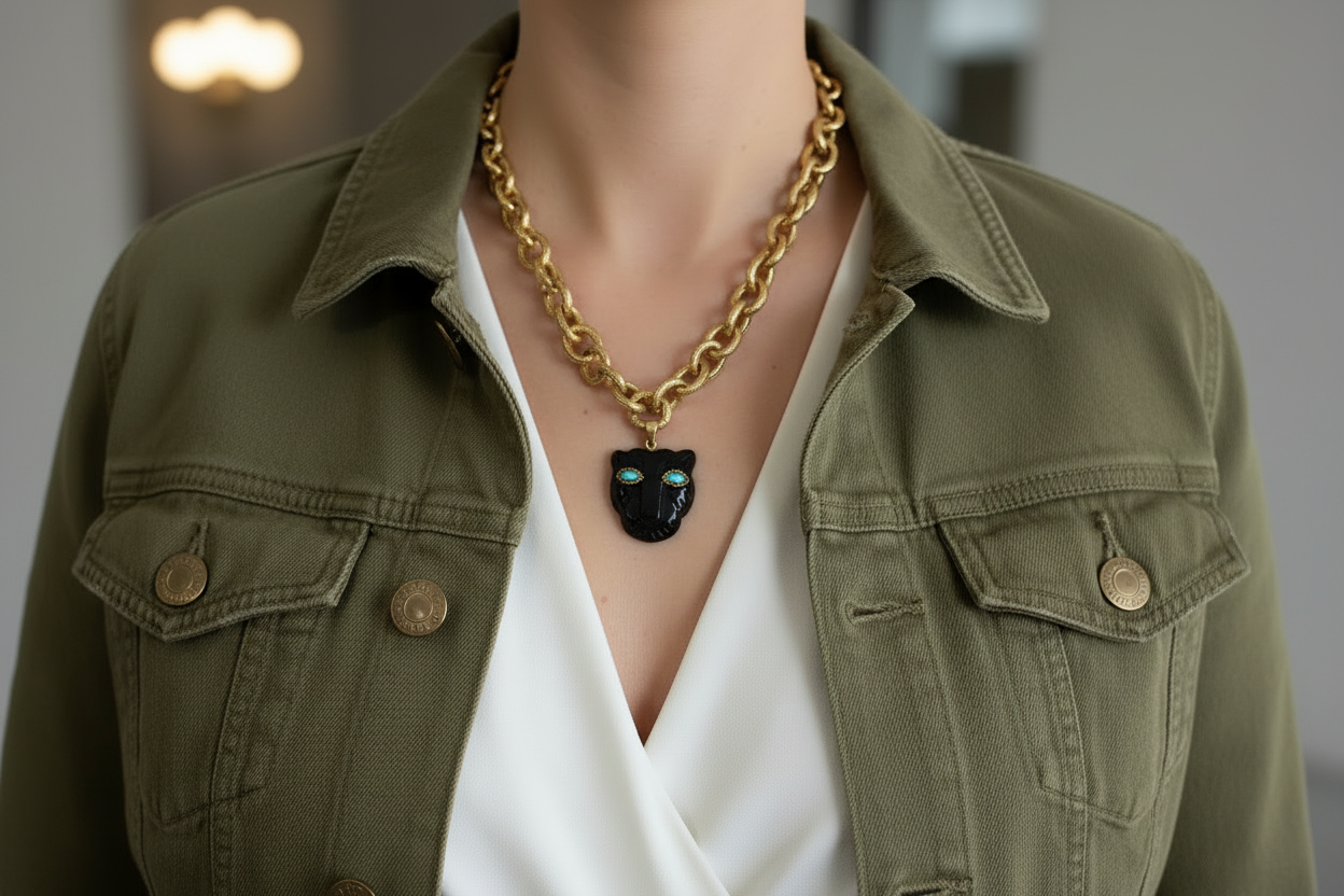 Black Onyx PANTHER stainless steel chain necklace