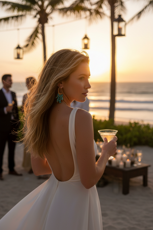 Woman in a white dress holding a drink at sunset by the beach