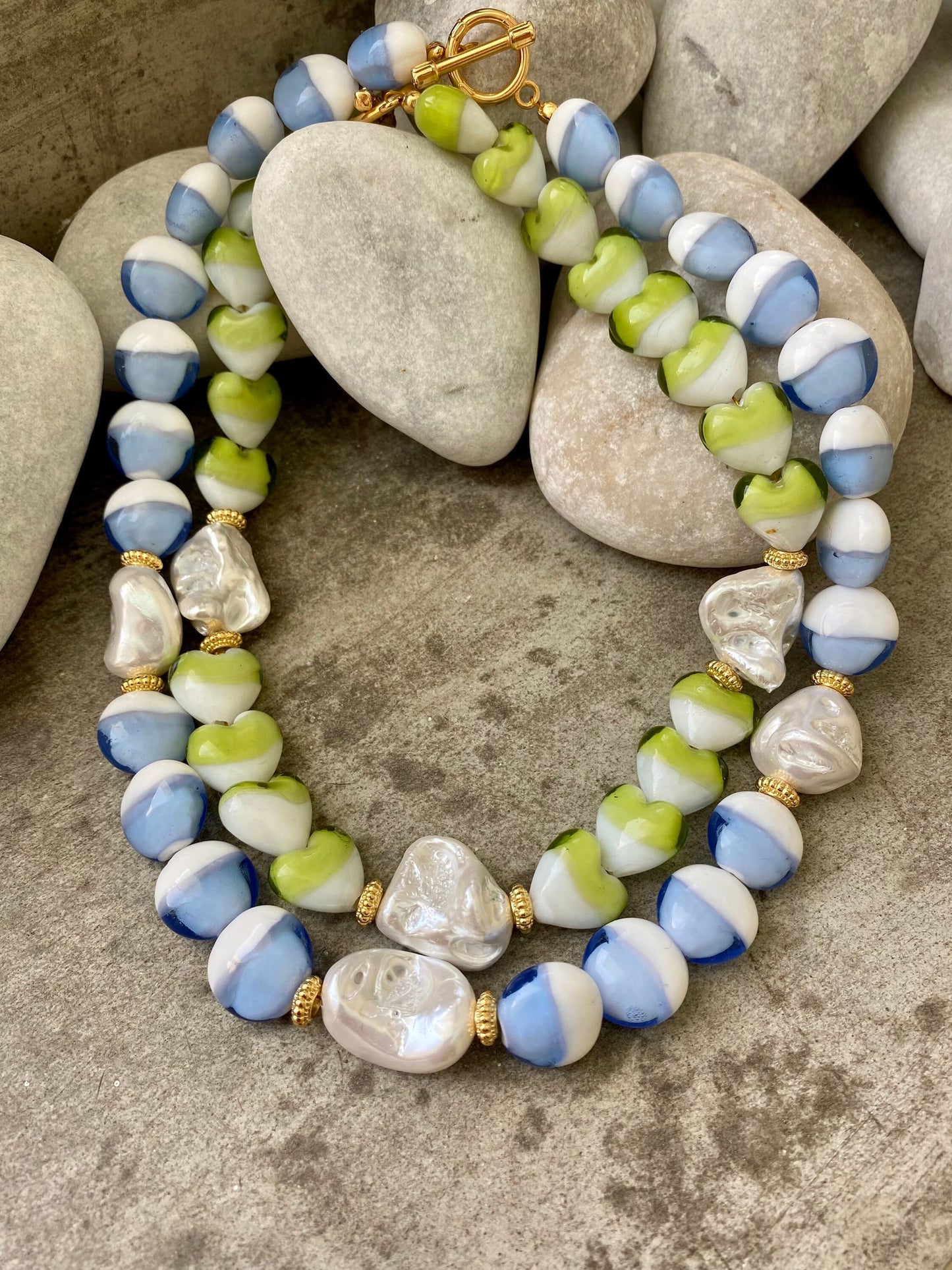 CANDY necklace with blue, green Murano beads and white Mother of Pearl accents