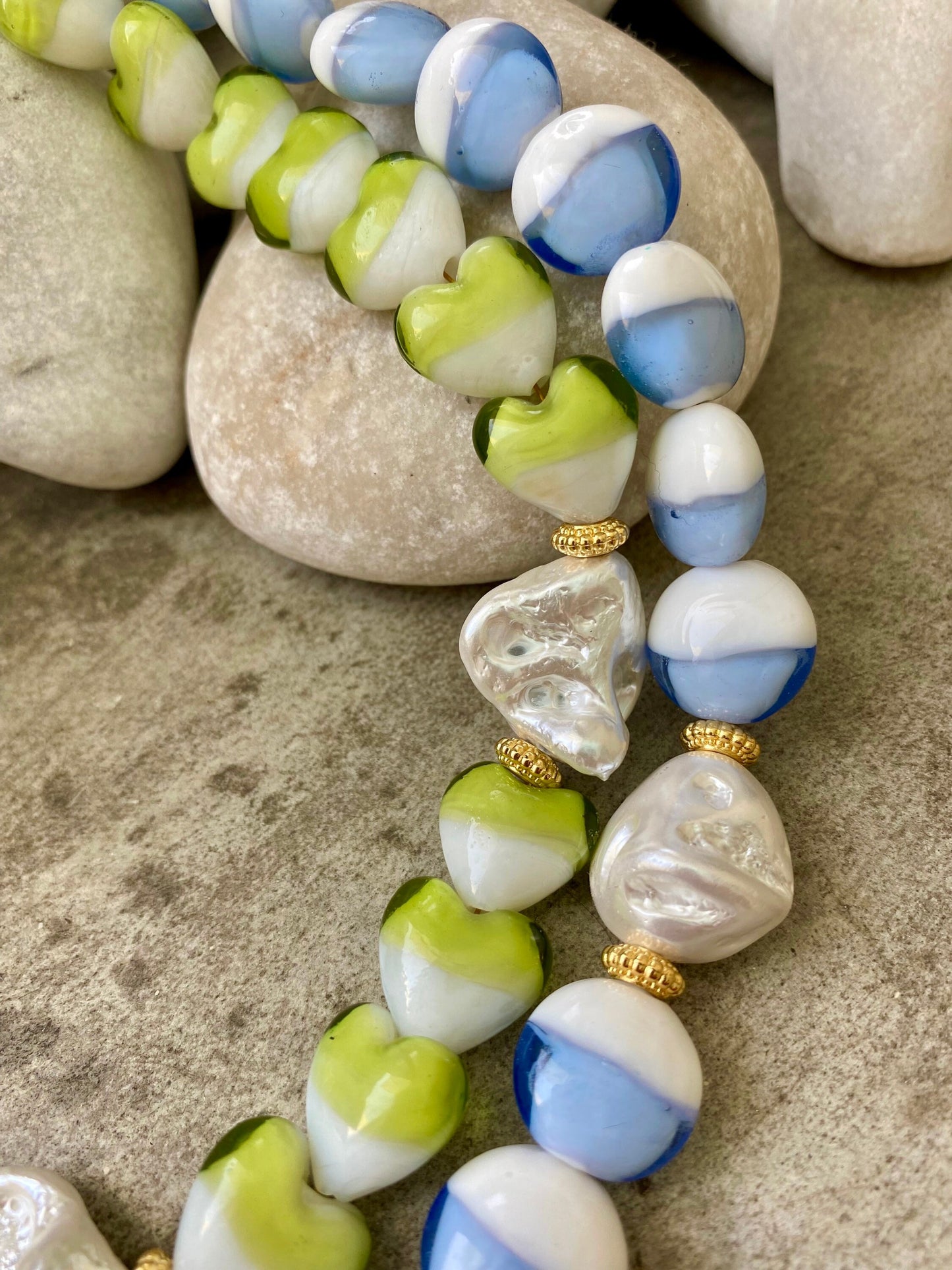 Detail of colorful Murano glass and 24K gold plated clasp on CANDY necklace
