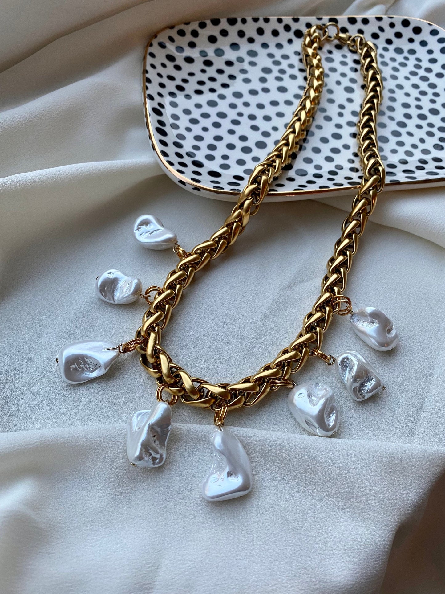 CHARLOTTE necklace with chunky gold chain and irregular Mother of Pearl charms