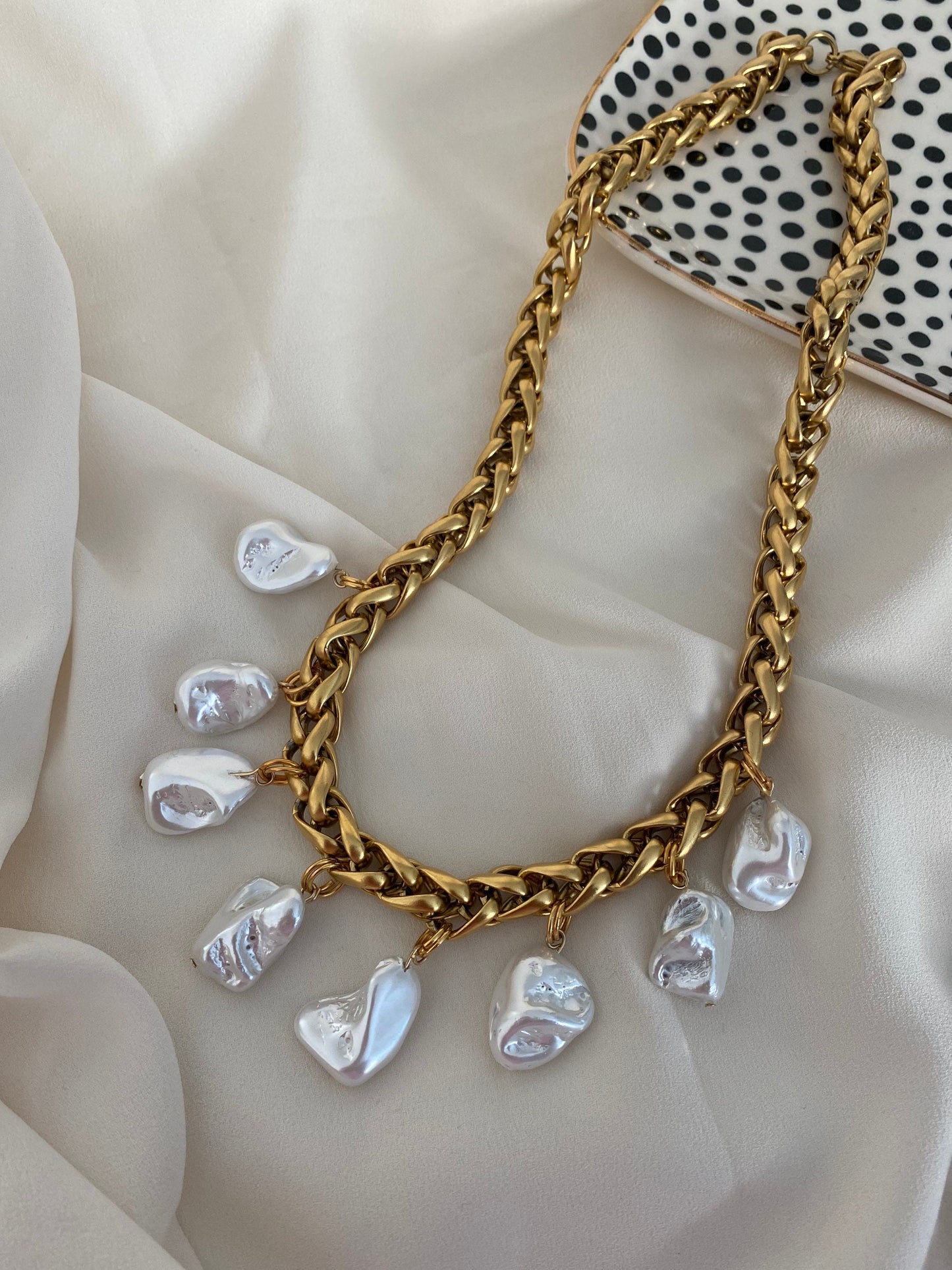 CHARLOTTE necklace with chunky gold chain and irregular Mother of Pearl charms
