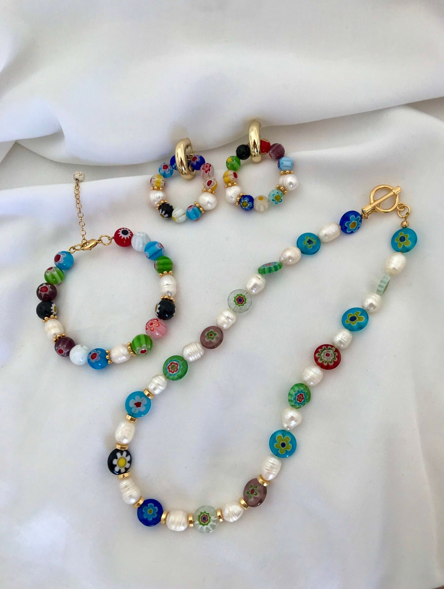 MILLEFIORI brass hoop earrings with millefiori glass beads and freshwater pearls
