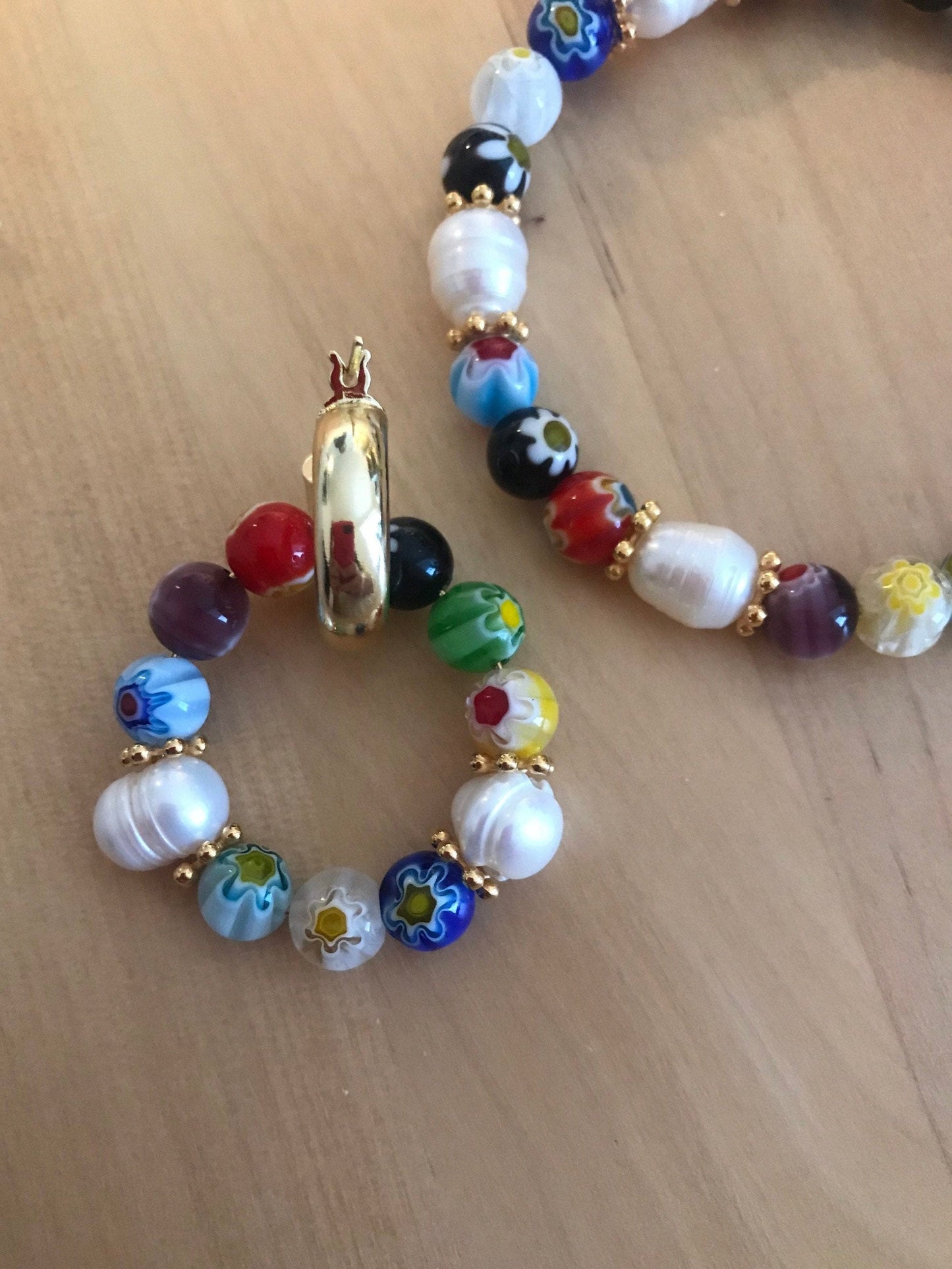 MILLEFIORI brass hoop earrings with millefiori glass beads and freshwater pearls