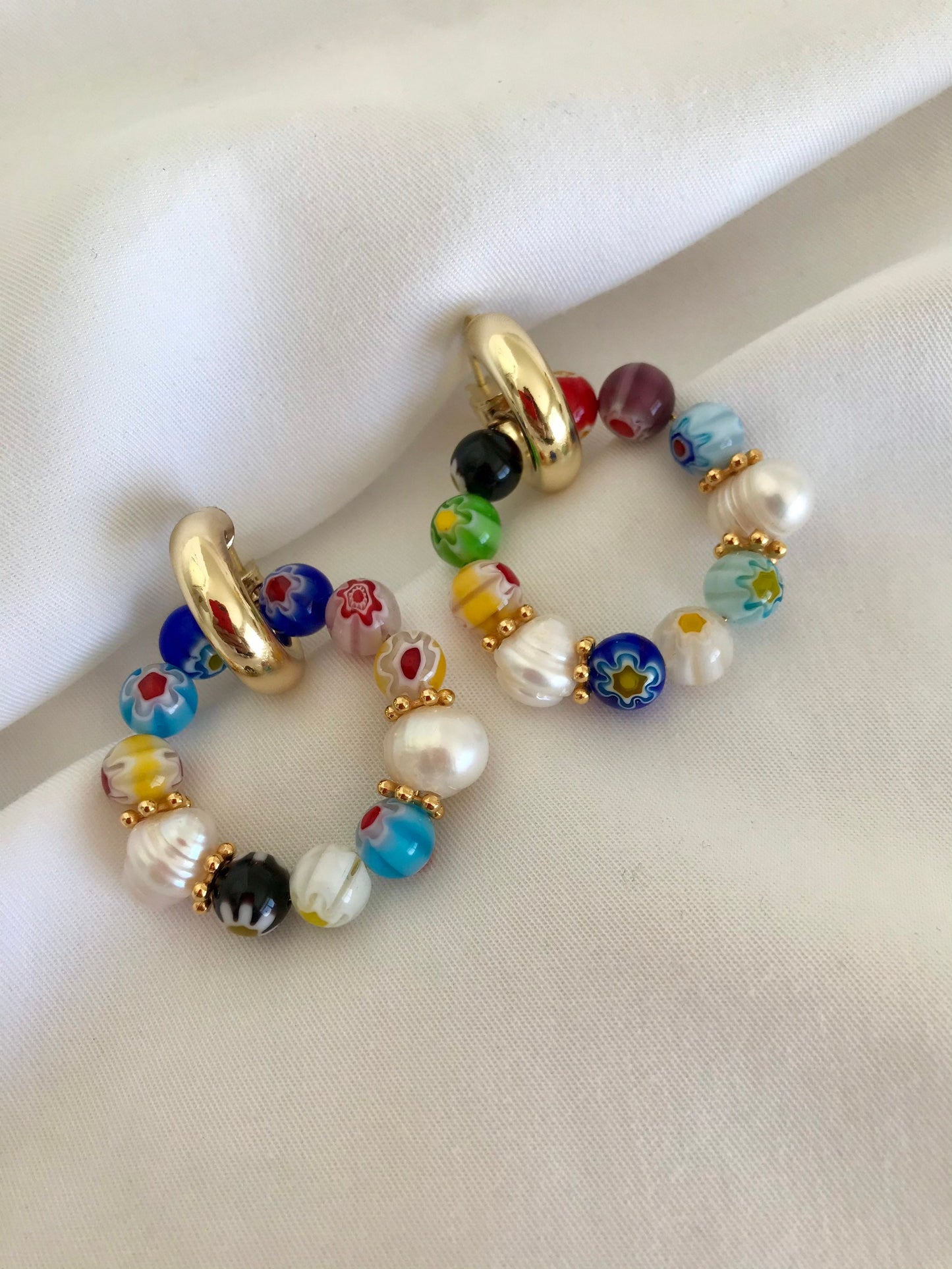MILLEFIORI brass hoop earrings with millefiori glass beads and freshwater pearls