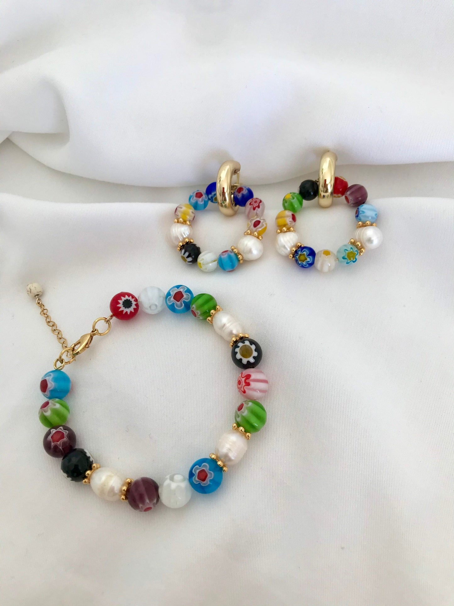 MILLEFIORI brass hoop earrings with millefiori glass beads and freshwater pearls