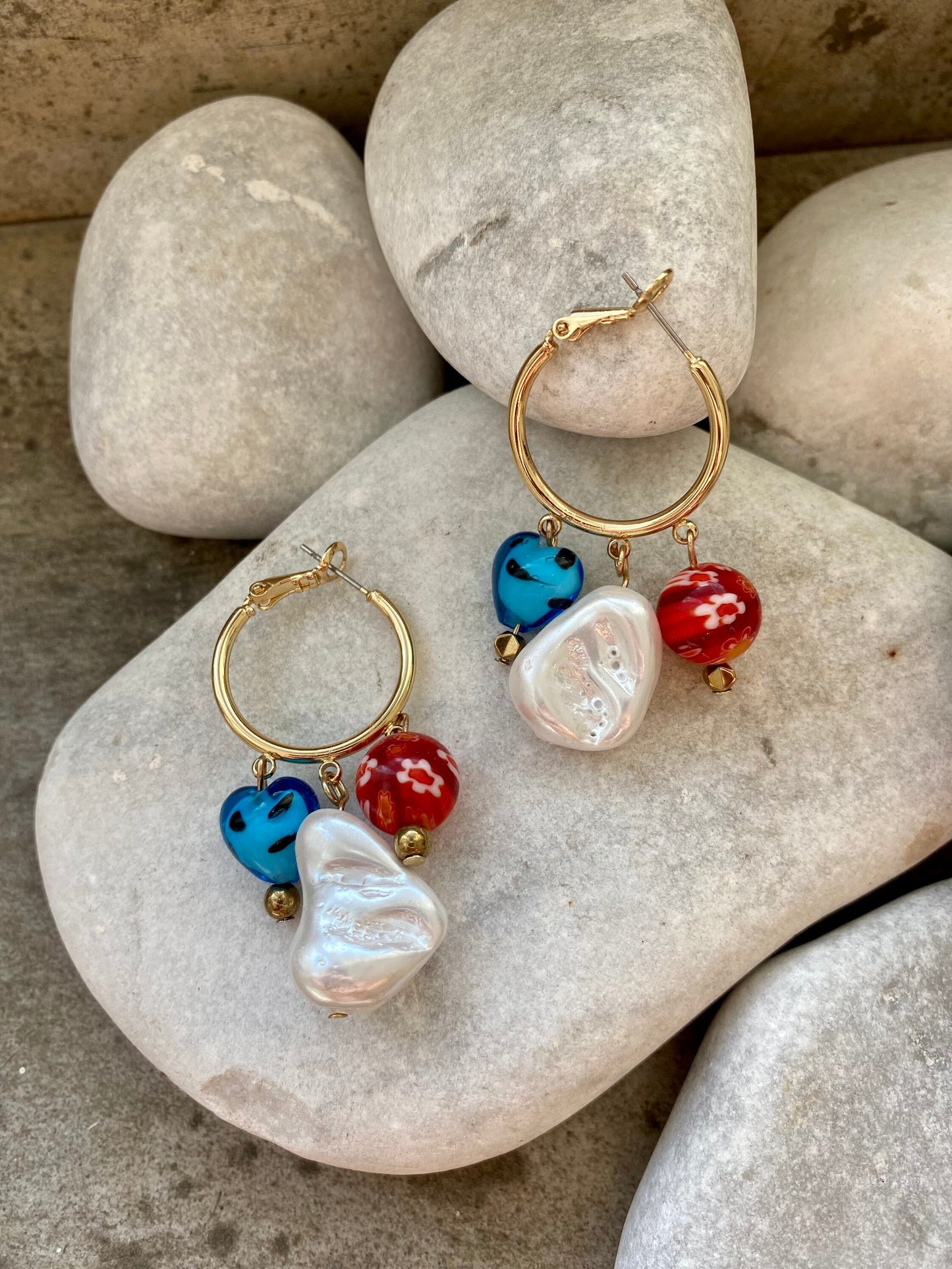 LOVE PLAY brass hoop earrings with a Mother of Pearl, Murano and millefiori glass beads