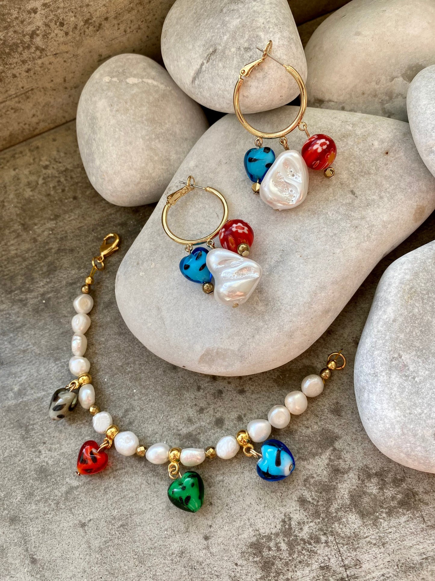 LOVE PLAY brass hoop earrings with a Mother of Pearl, Murano and millefiori glass beads