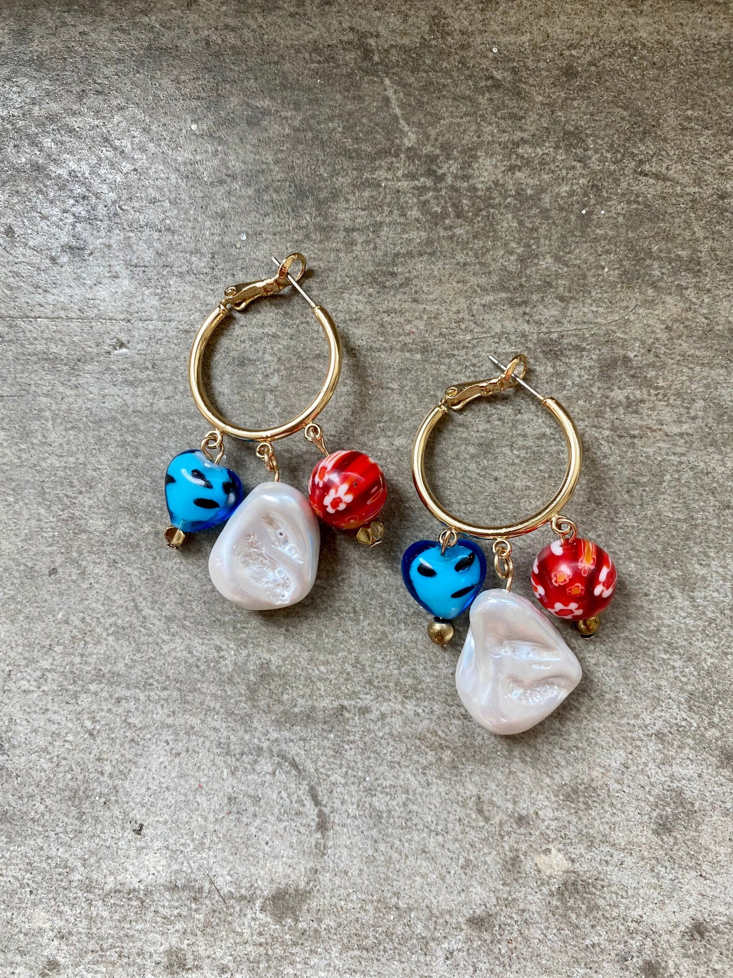LOVE PLAY brass hoop earrings with a Mother of Pearl, Murano and millefiori glass beads