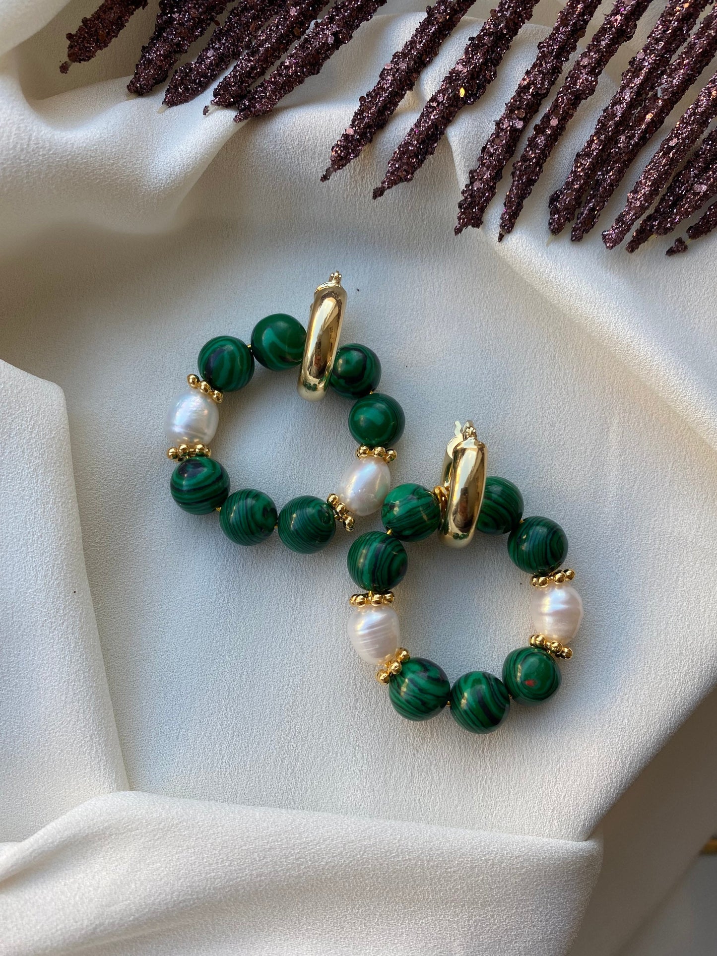 ESTHER brass hoop earrings with malachite beads and freshwater pearls