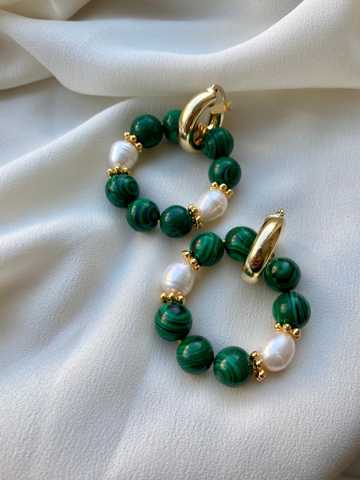 ESTHER brass hoop earrings with malachite beads and freshwater pearls