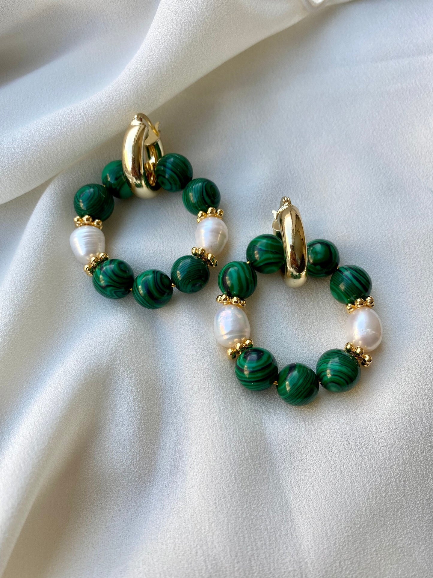 ESTHER brass hoop earrings with malachite beads and freshwater pearls
