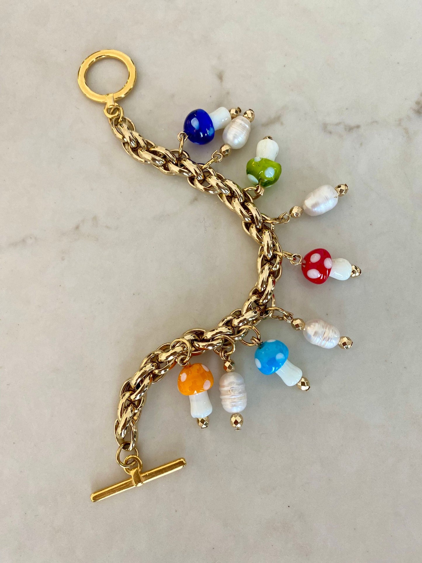 MUSHROOM stainless steel bracelet with Murano glass mushroom charms