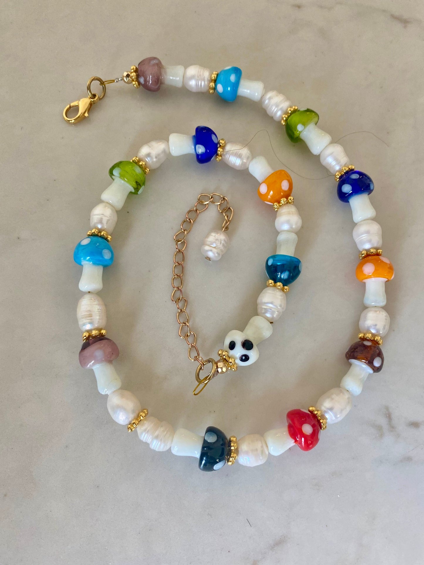 Pearls and Murano glass mushrooms handmade necklace