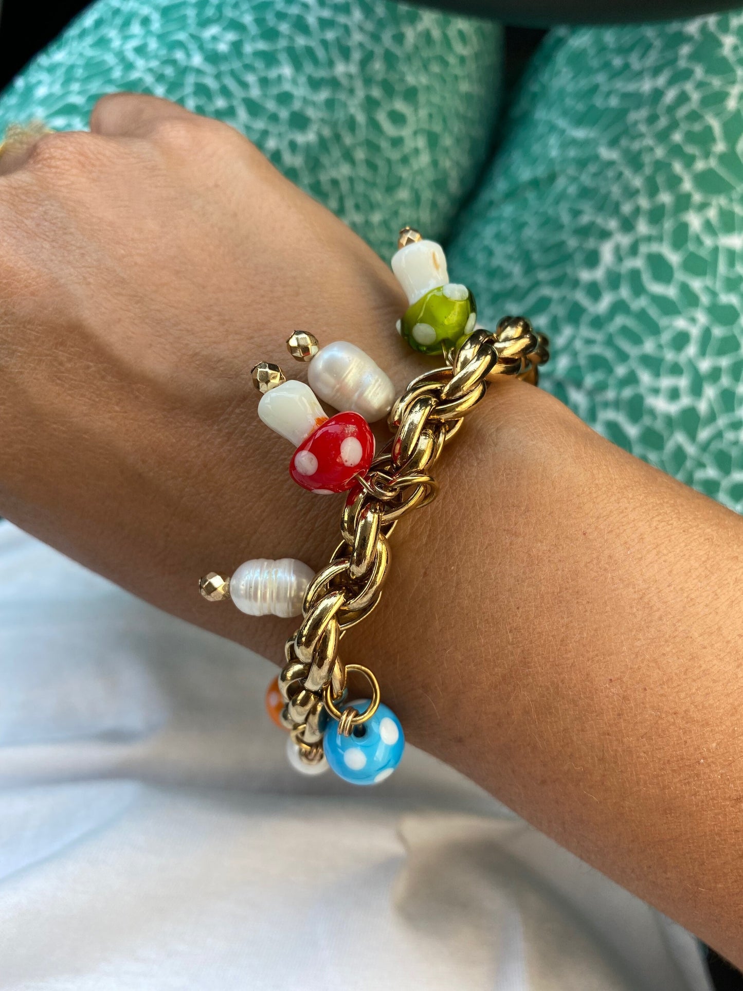 MUSHROOM stainless steel bracelet with Murano glass mushroom charms