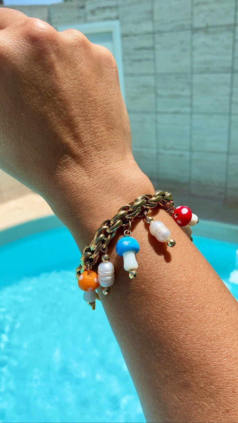 MUSHROOM stainless steel bracelet with Murano glass mushroom charms