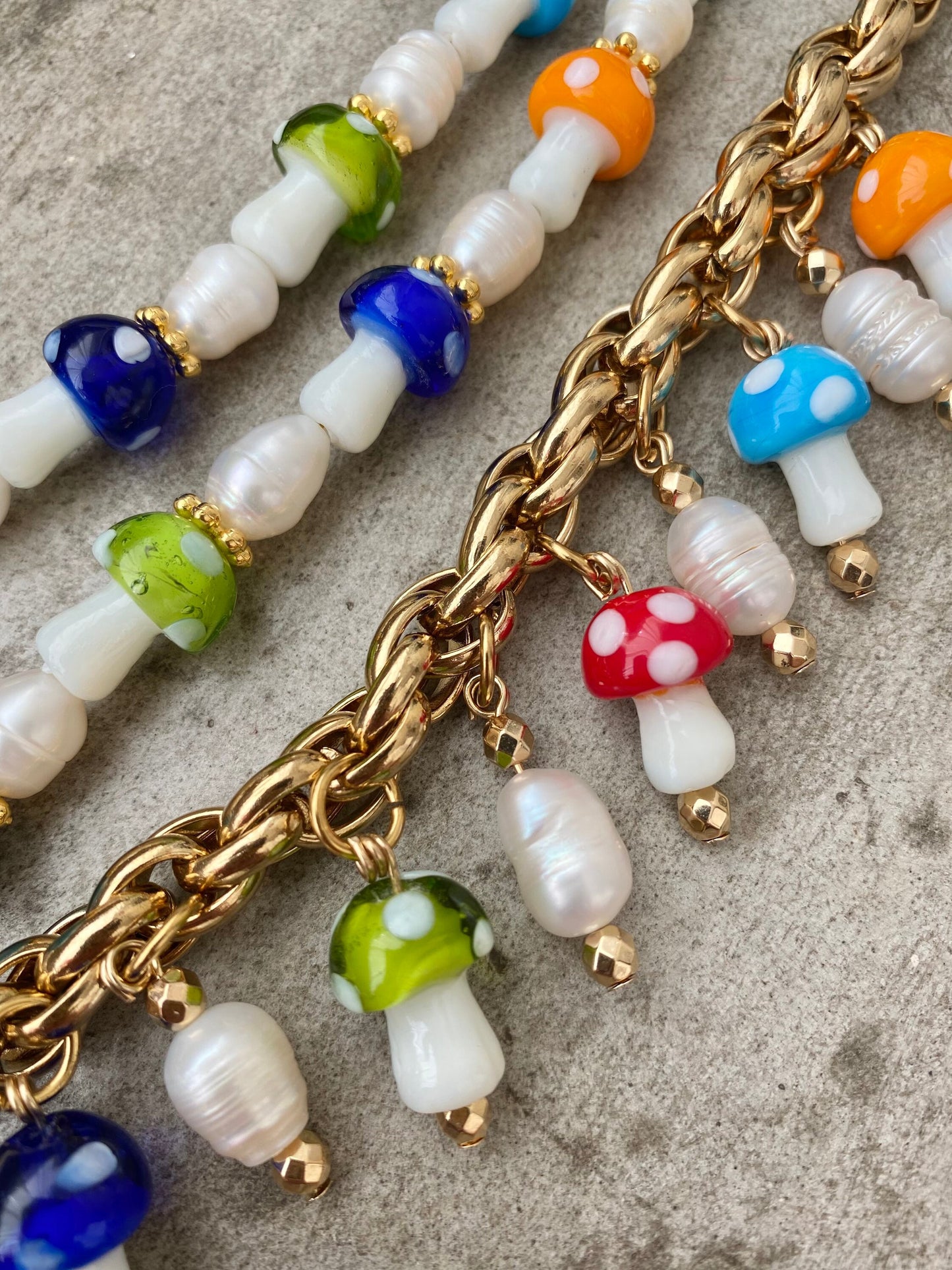 MUSHROOM stainless steel bracelet with Murano glass mushroom charms