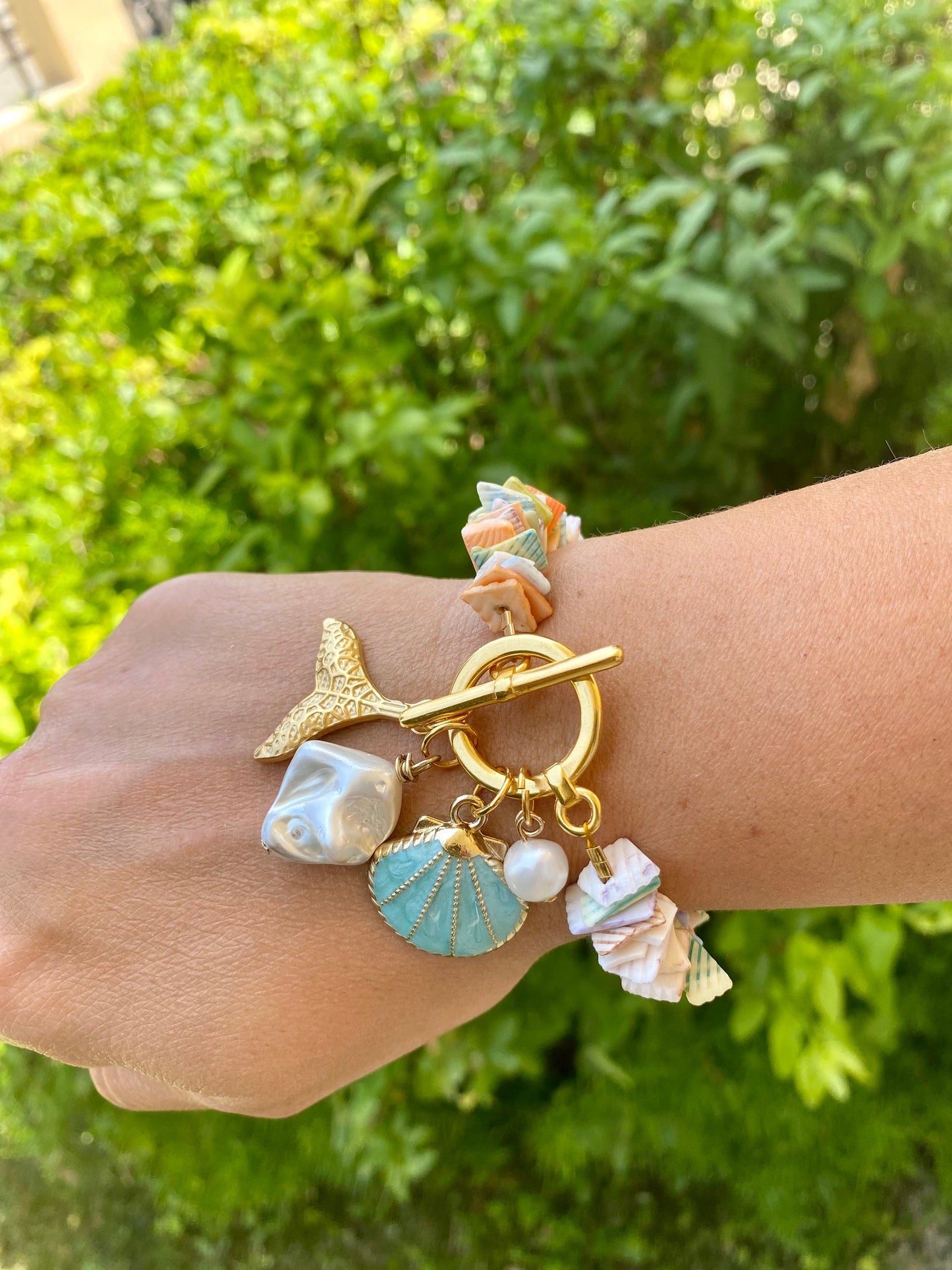 ALINE natural shell bracelet with pearl beads and brass summer charms