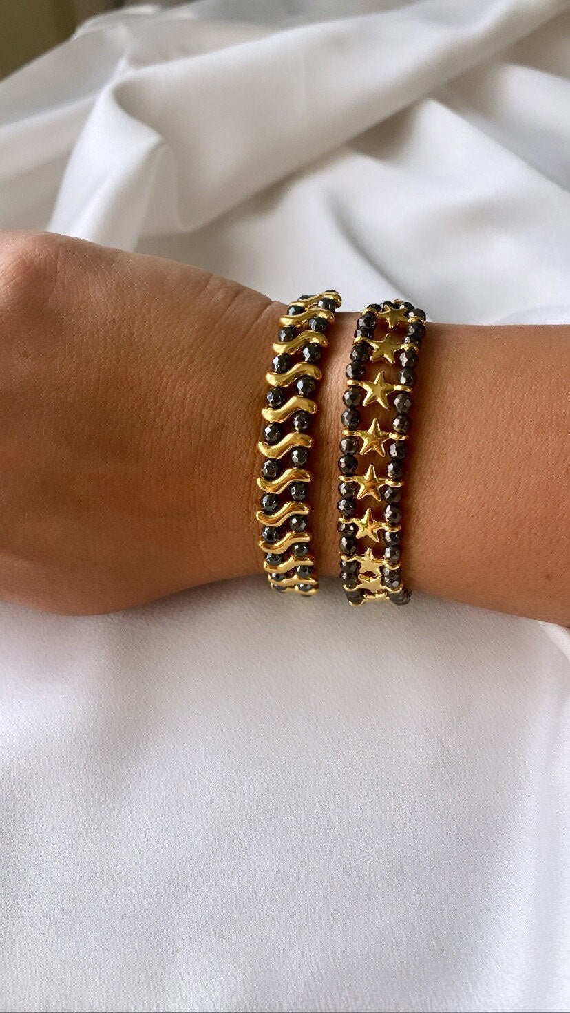 WAVE & STAR bracelets with black hematite and brass beads