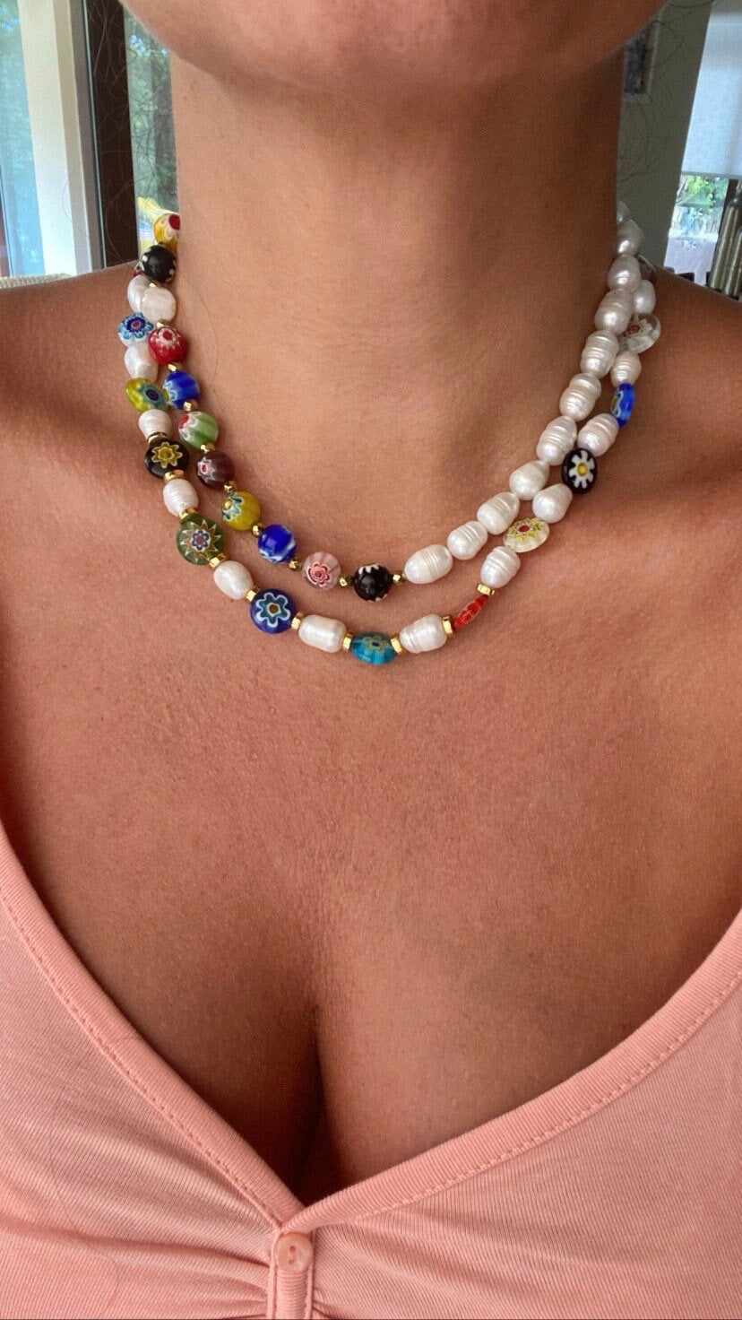MILLEFIORI glass necklace with pearls