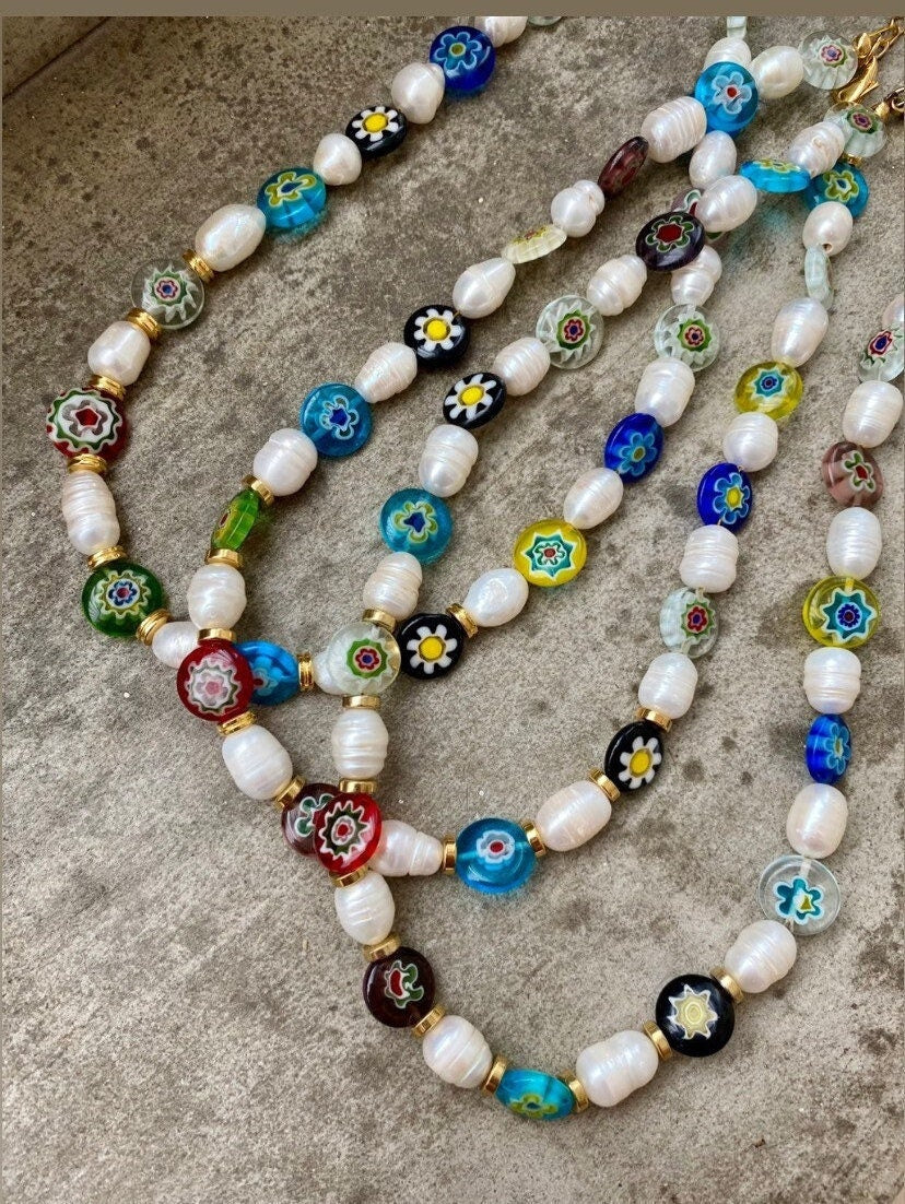 MILLEFIORI glass necklace with pearls