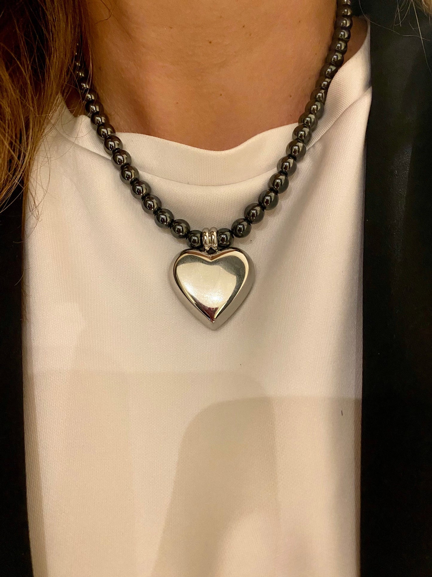 DARLENE black hematite necklace with stainless steel heart