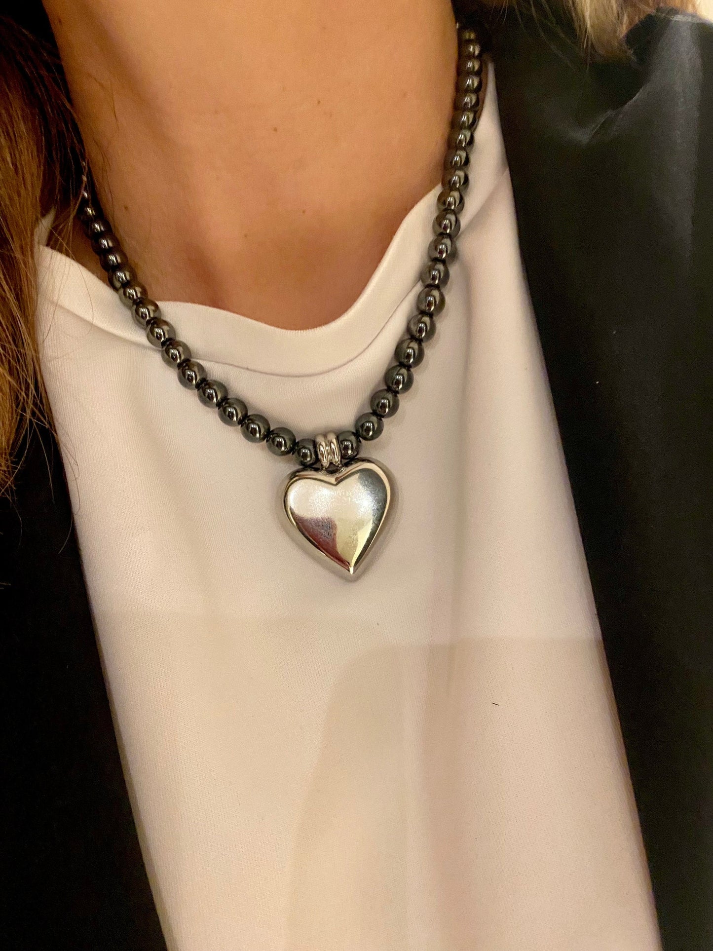 DARLENE black hematite necklace with stainless steel heart