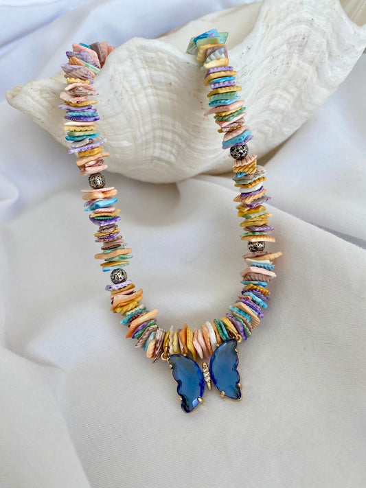 BUTTERFLY natural shell summer necklace with blue crystal butterfly