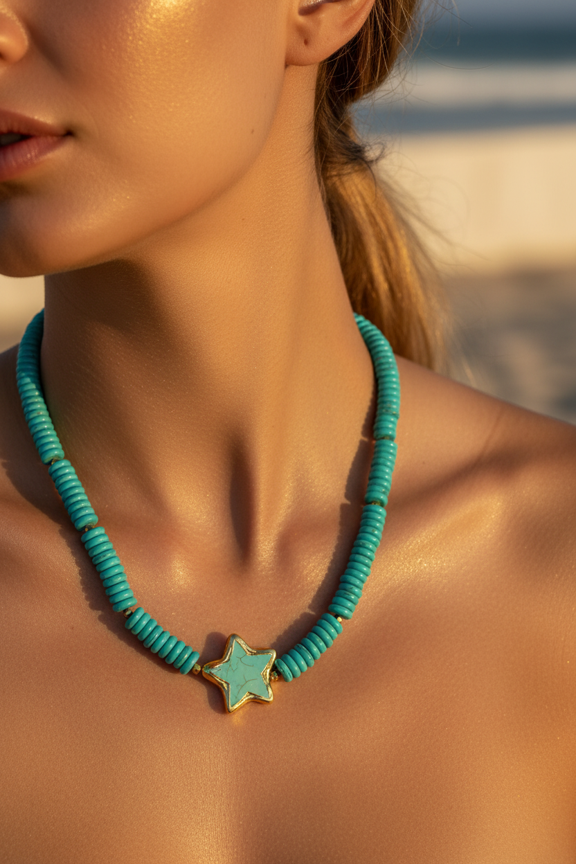Woman wearing AEGEAN turquoise statement necklace on a Mediterranean beach