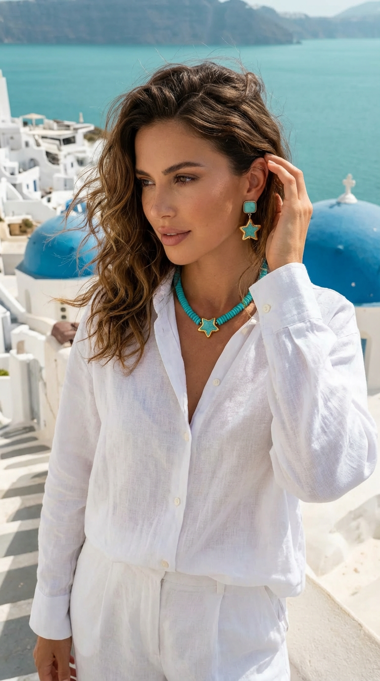 A woman wearing a white linen shirt and matching white trousers stands on a balcony overlooking a scenic blue Mediterranean sea and white Greek island buildings with blue domes. She is accessorized with a turquoise Aegean necklace and matching turquoise Aegean earrings.