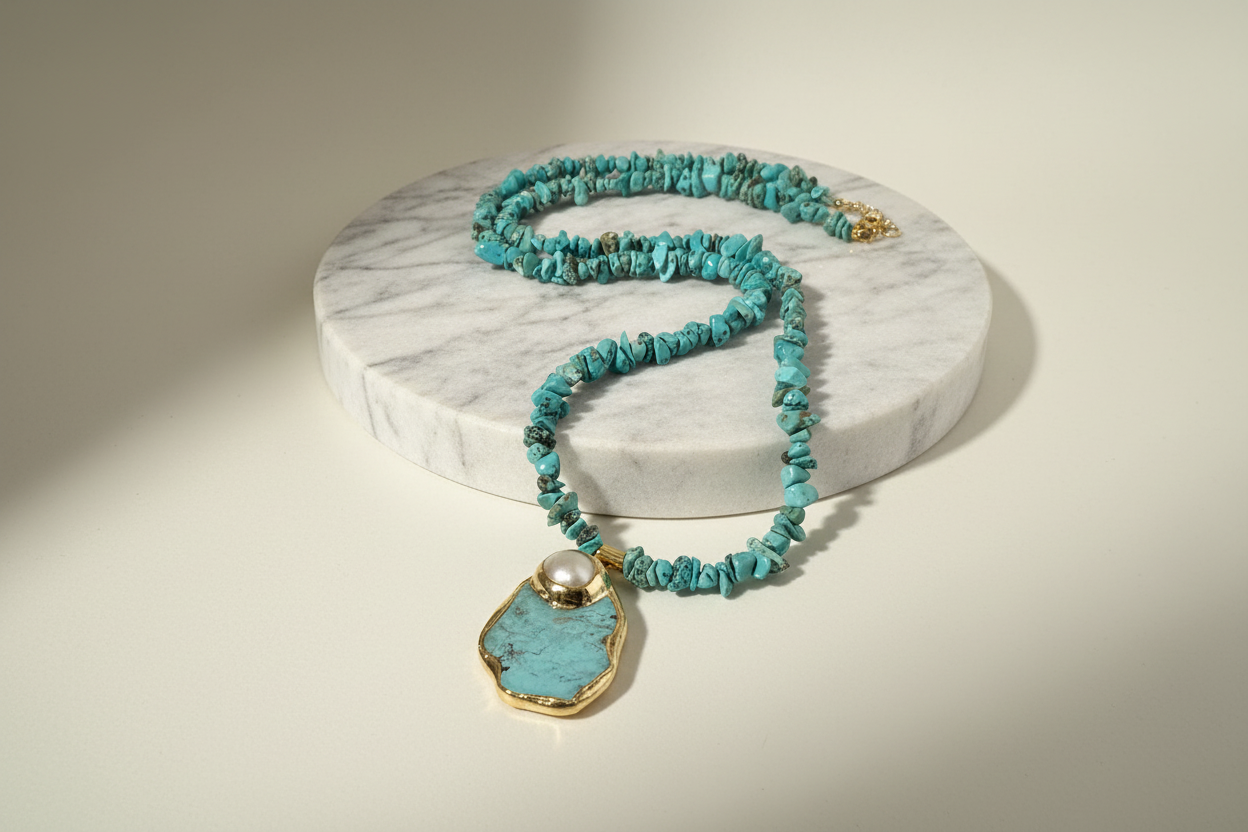 Turquoise beaded necklace with a pendant on a white marble surface